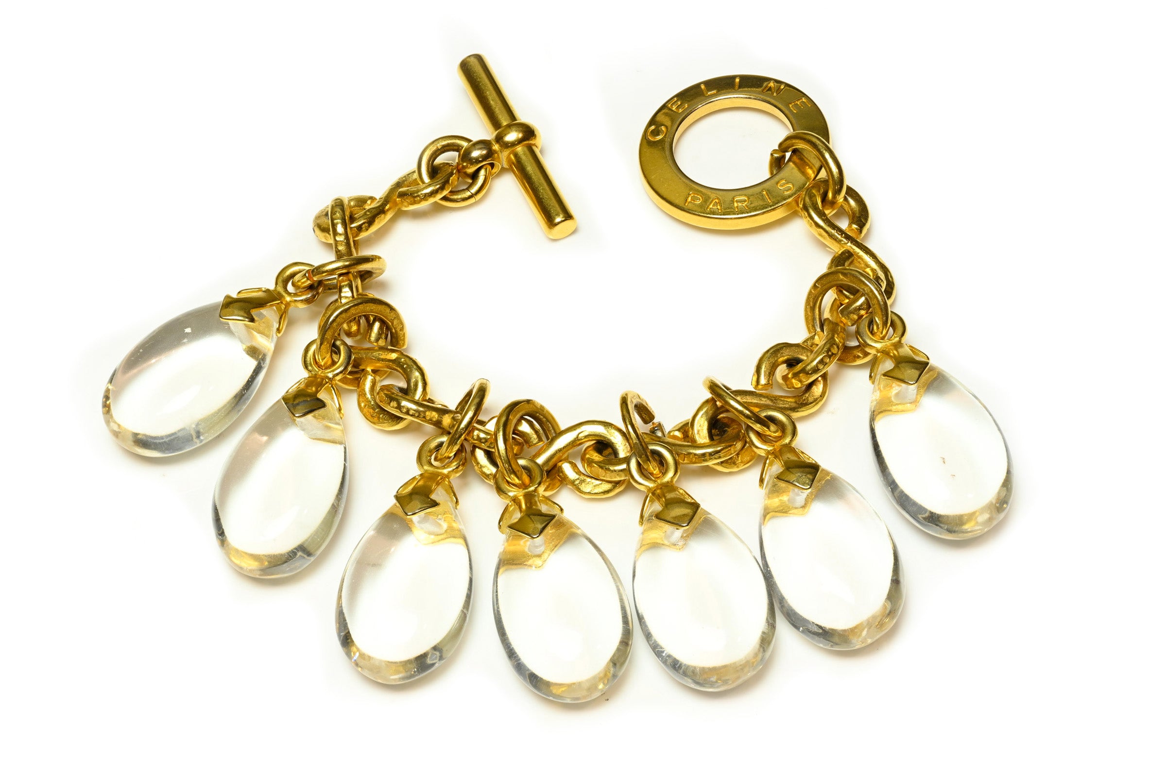 Vintage Celine Paris Gold Plated Lucite Beads Charm Bracelet