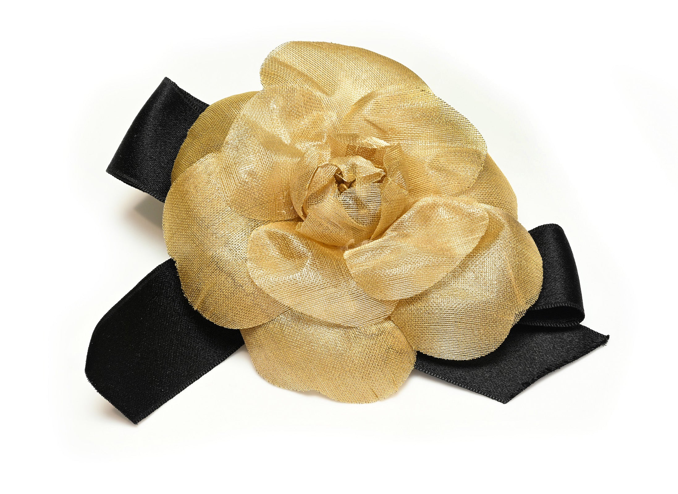 Vintage Chanel Paris Gold Silk Black Bow Camellia Flower Brooch
