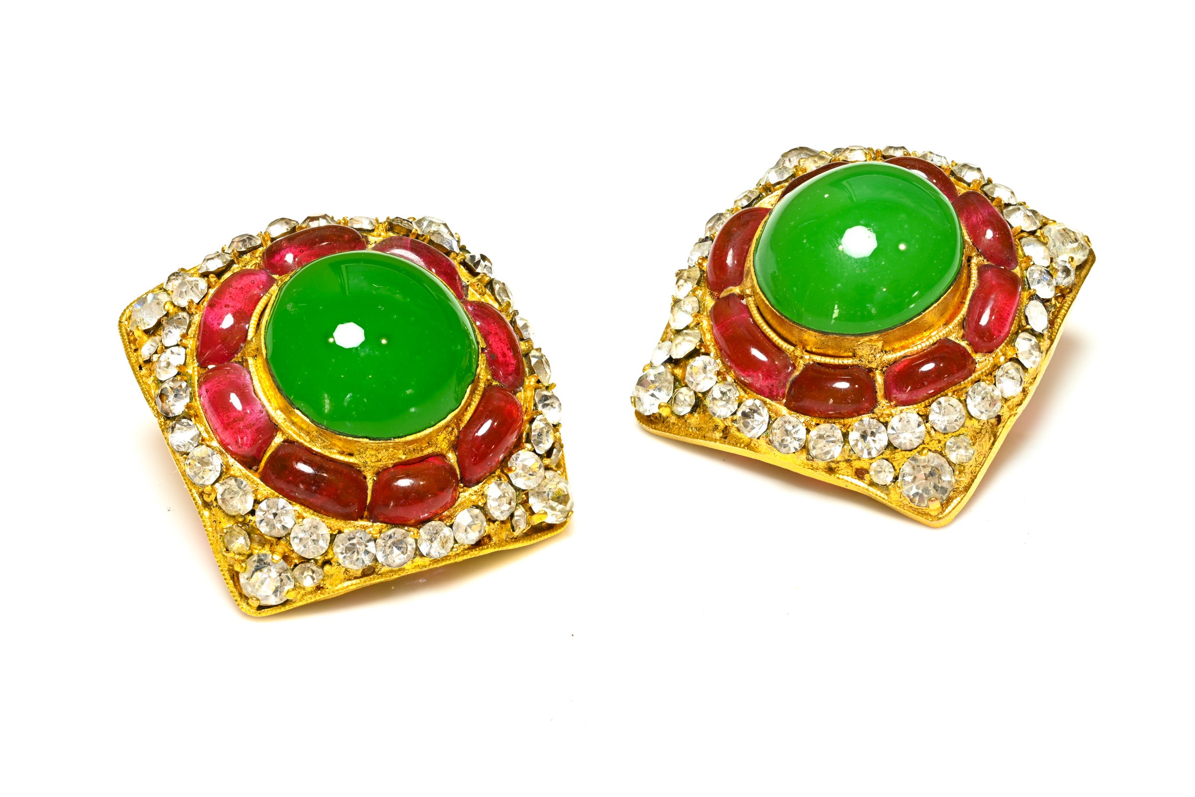 Vintage Chanel Paris Gripoix Green Red Glass Crystal Square Earrings 1