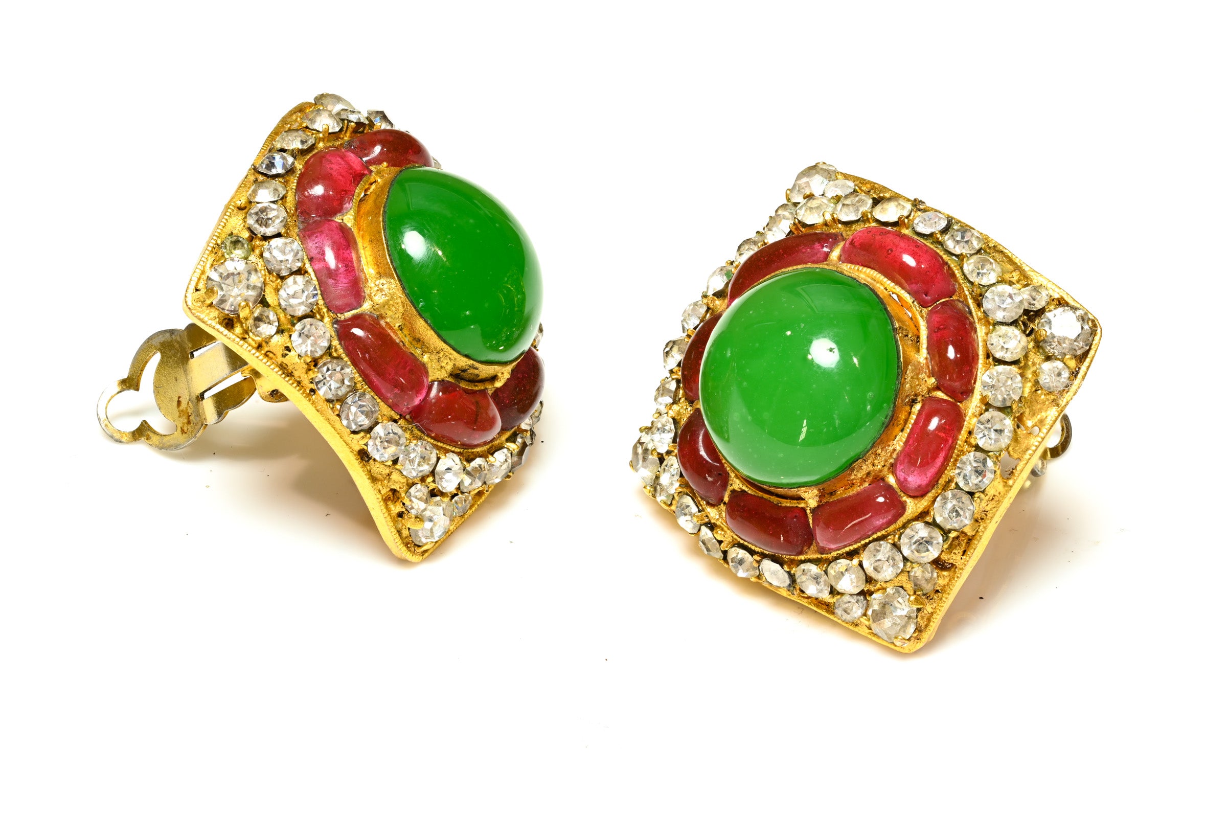 Vintage Chanel Paris Gripoix Green Red Glass Crystal Square Earrings 2