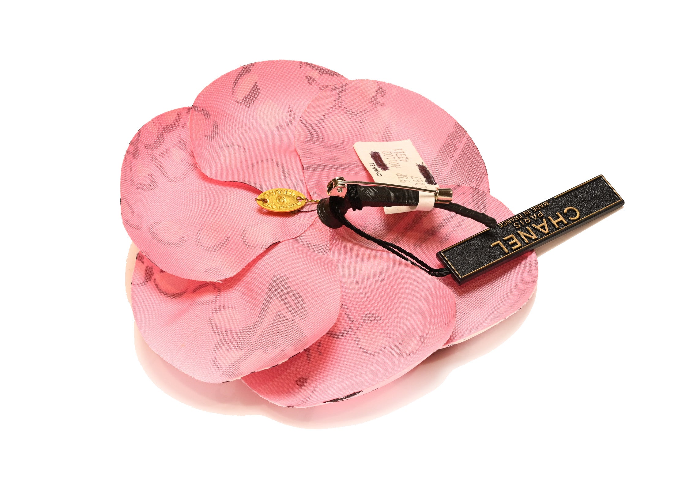 Chanel Paris Spring 1993 Pink Black Silk Camellia Brooch