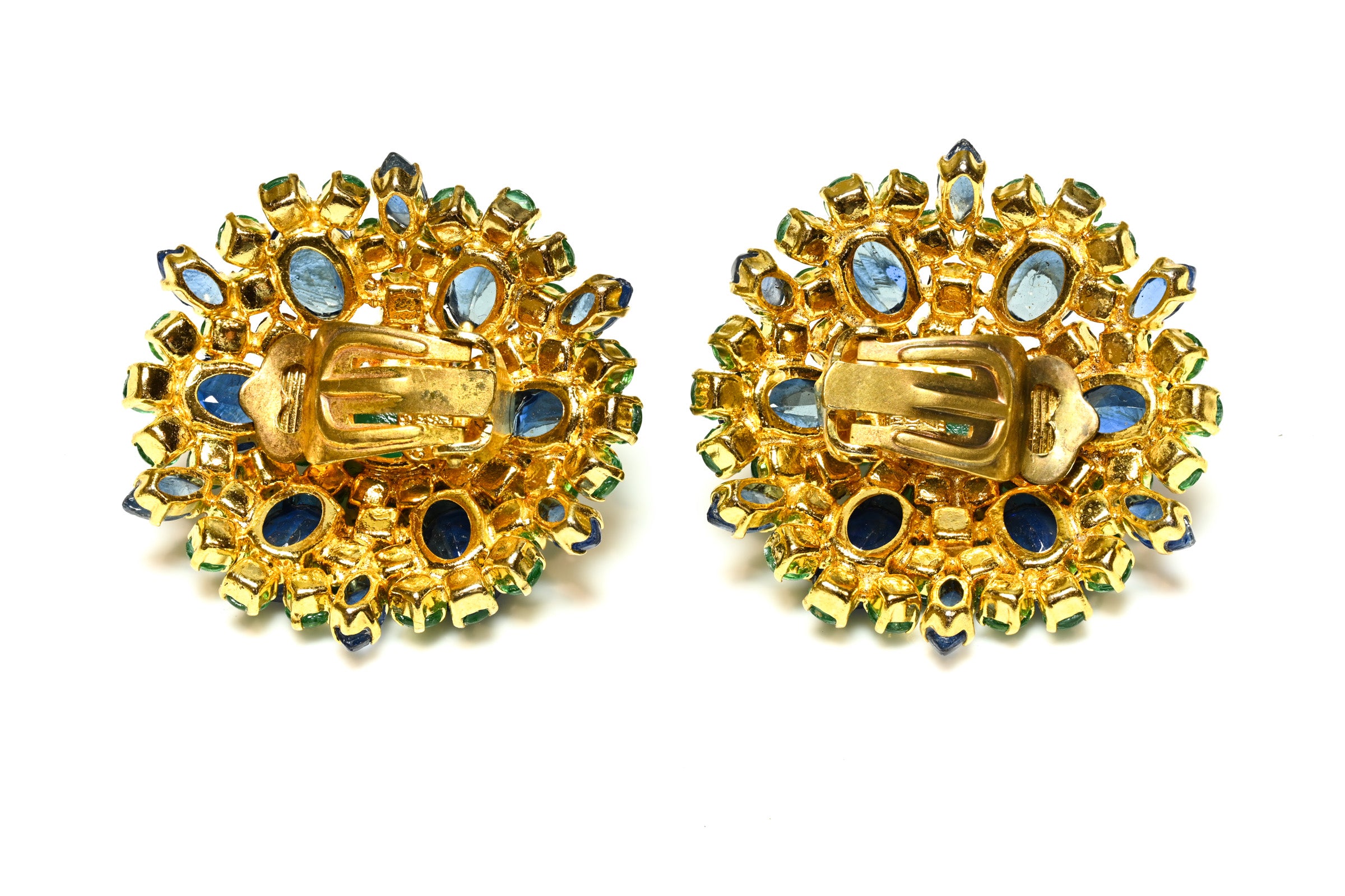 Vintage Christian Dior Paris 1970 Green Blue Cabochon Glass Crystal Earrings 2