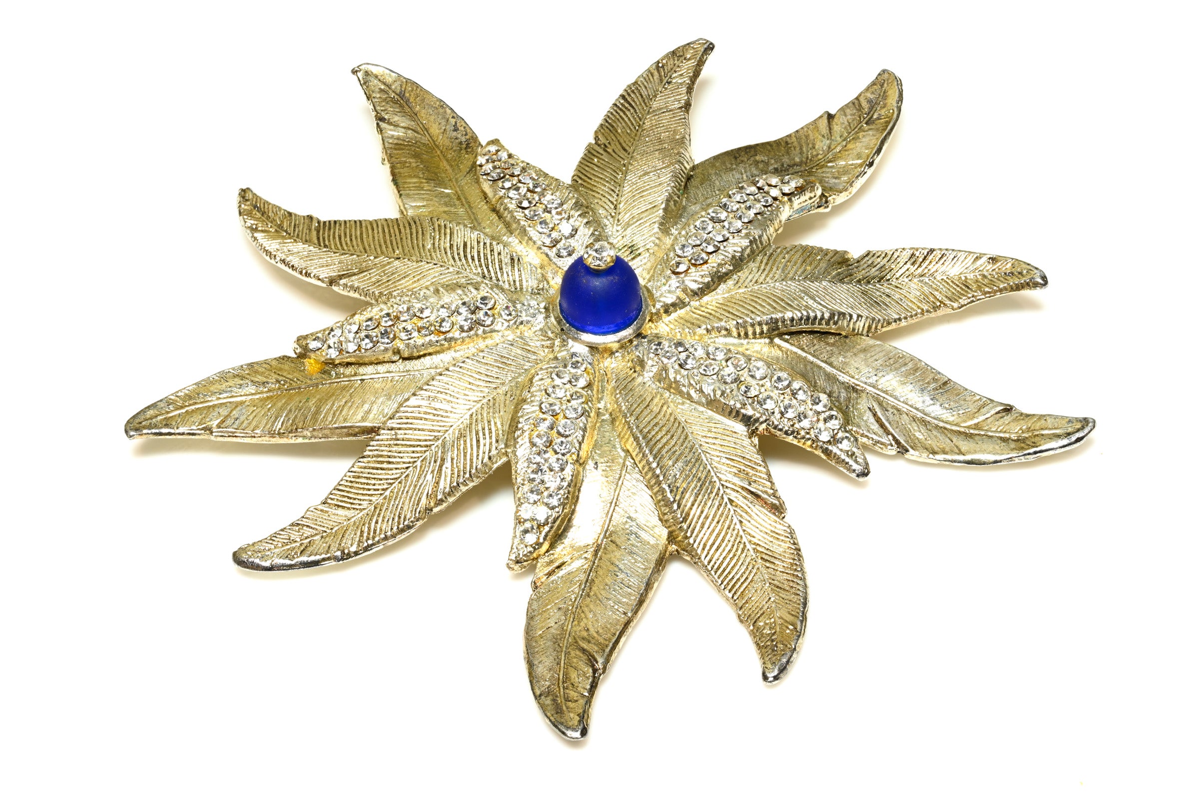Vintage Claire Deve Paris Silver Tone Blue Glass Large Flower Brooch 1