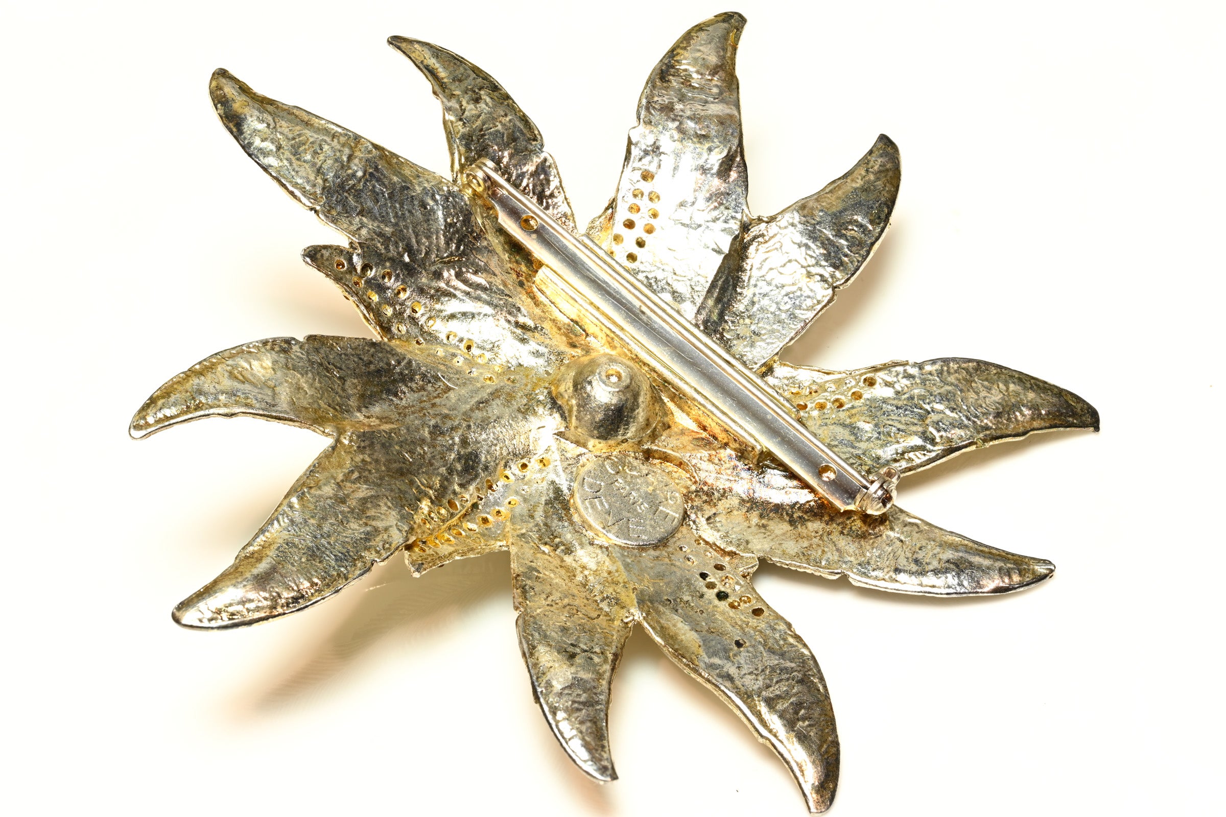 Vintage Claire Deve Paris Silver Tone Blue Glass Large Flower Brooch 2