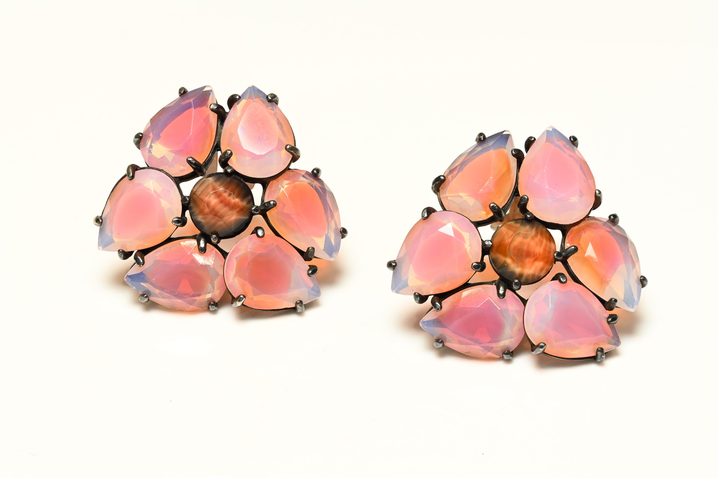 Vintage Elsa Schiaparelli Pink Watermelon Crystal Large Flower Earrings