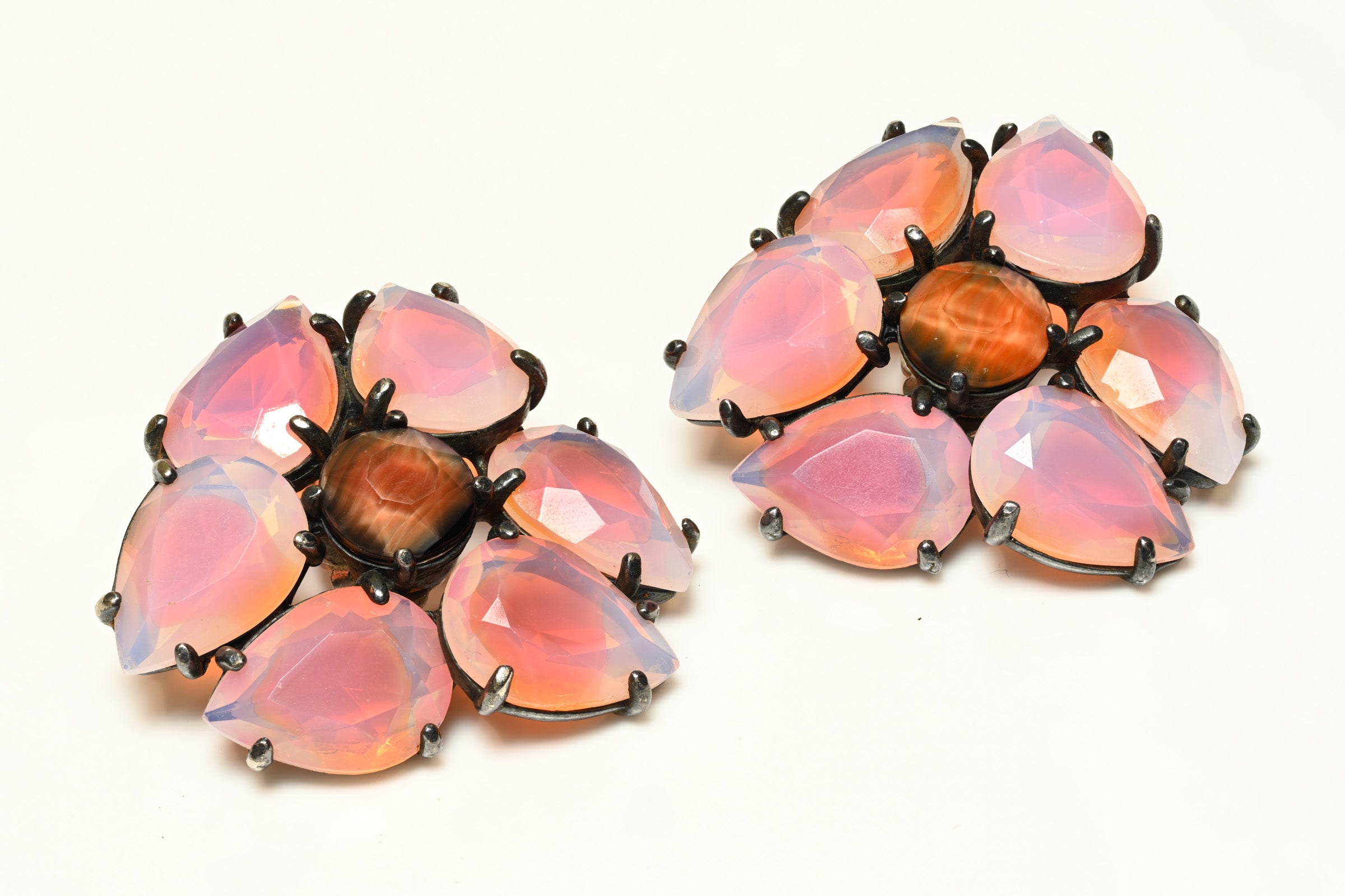 Vintage Elsa Schiaparelli Pink Watermelon Crystal Large Flower Earrings 1