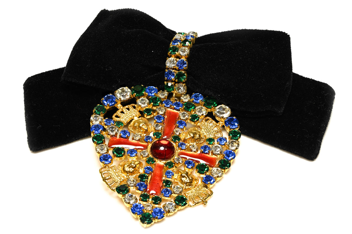 Vintage Escada Crystal Heart Enamel Cross Black Velvet Bow Brooch