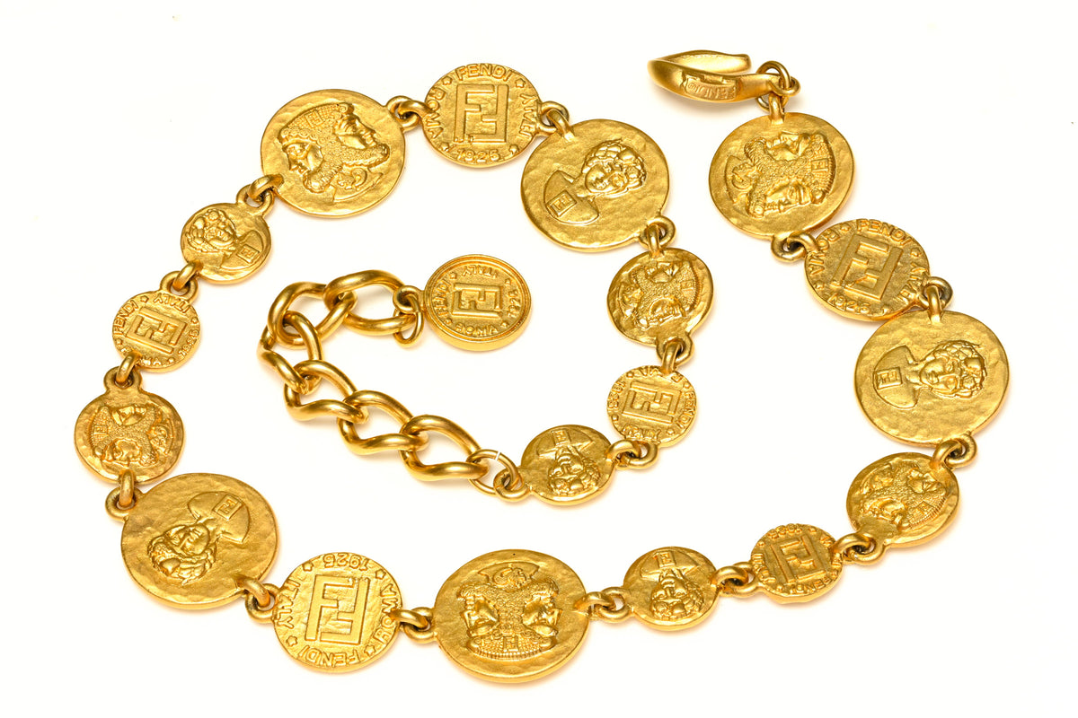 Vintage Fendi Gold Plated Logo Coin Collar Necklace