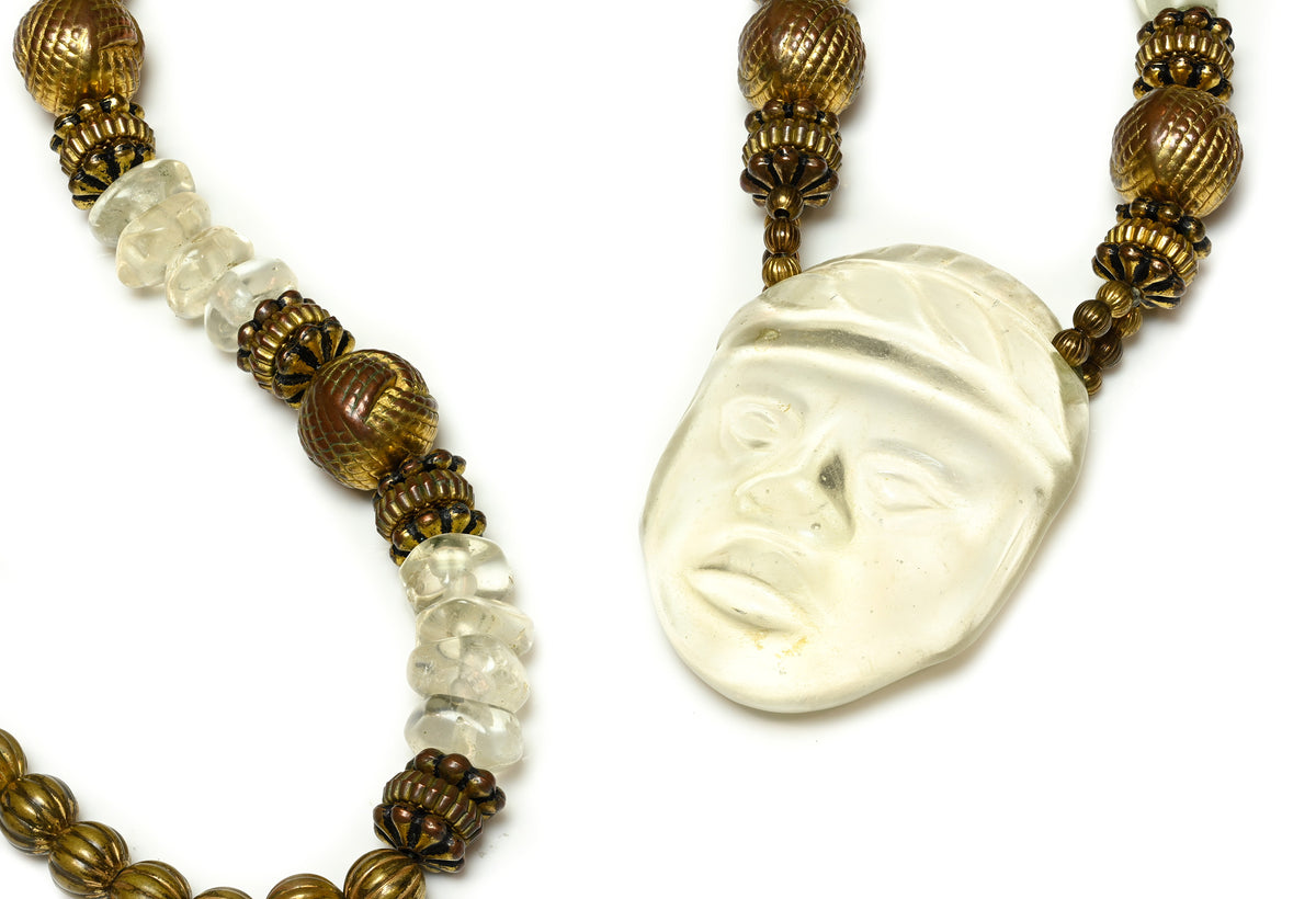 French Glass Carved Face Beads Necklace