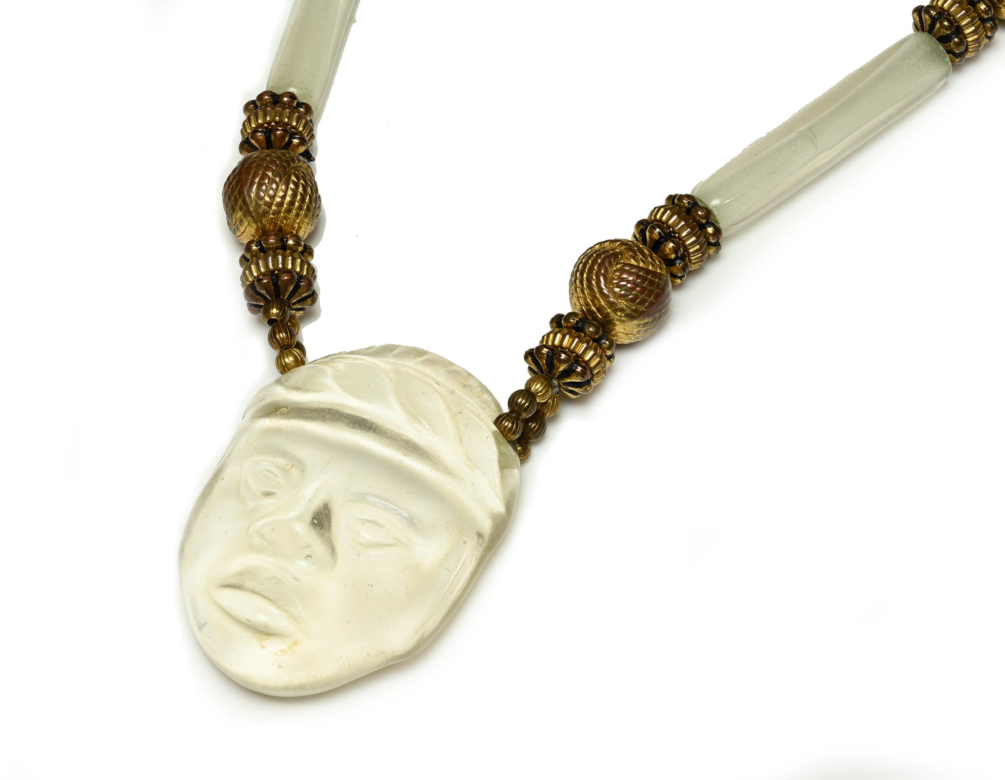 Vintage French Glass Carved Face Beads Necklace 1