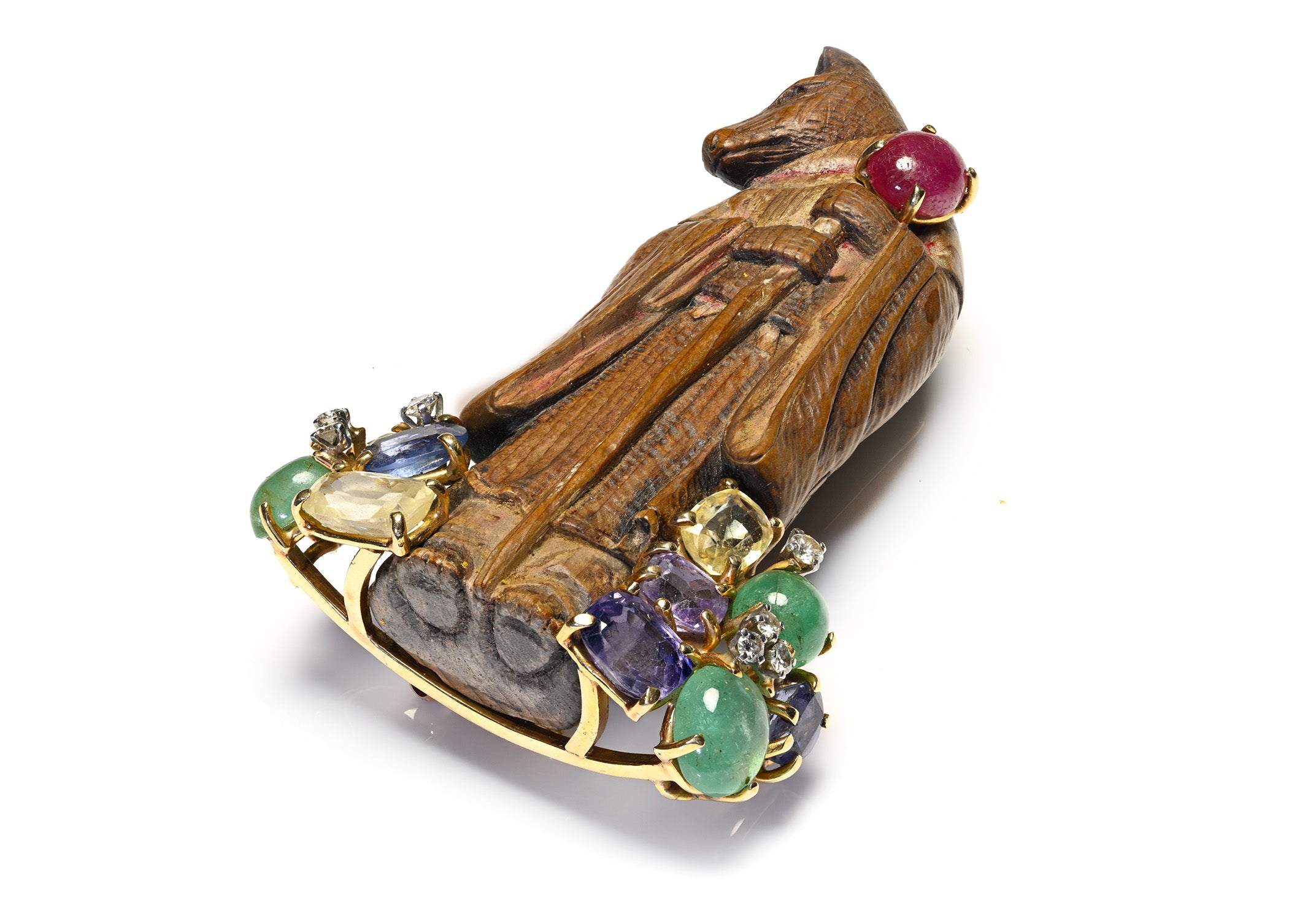 antique Japanese Carved Wood Wolf Clip Brooch, Gold Gemstones