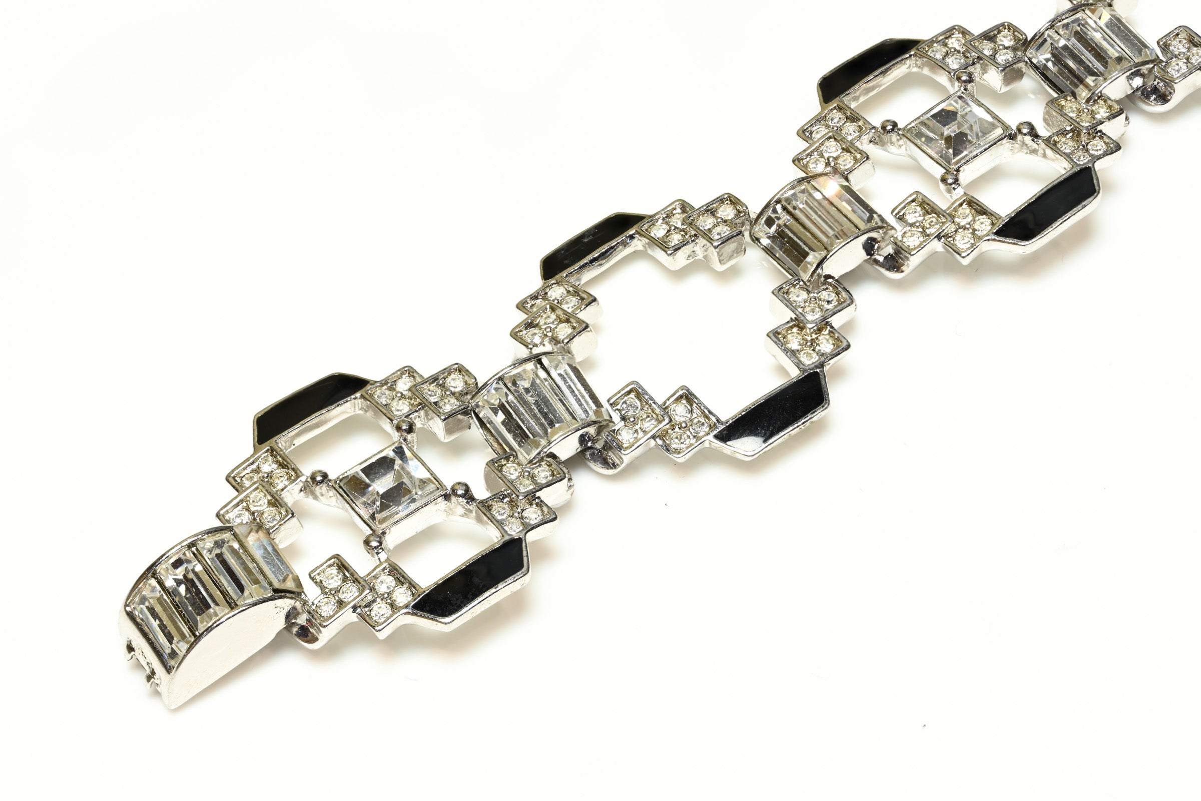 Vintage Givenchy Paris Art Deco Style Black Enamel Crystal Bracelet