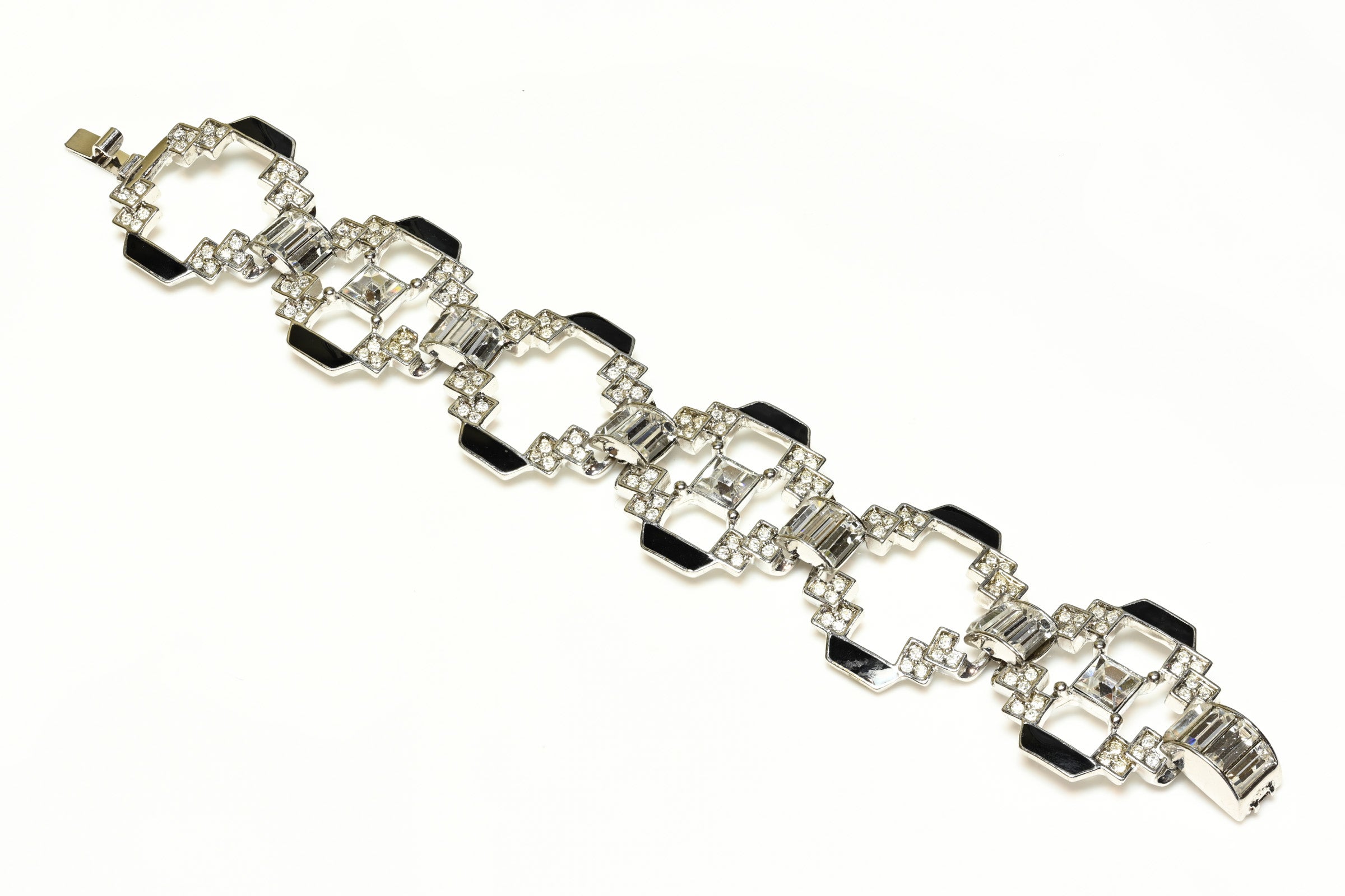 Vintage Givenchy Paris Art Deco Style Black Enamel Crystal Bracelet 1