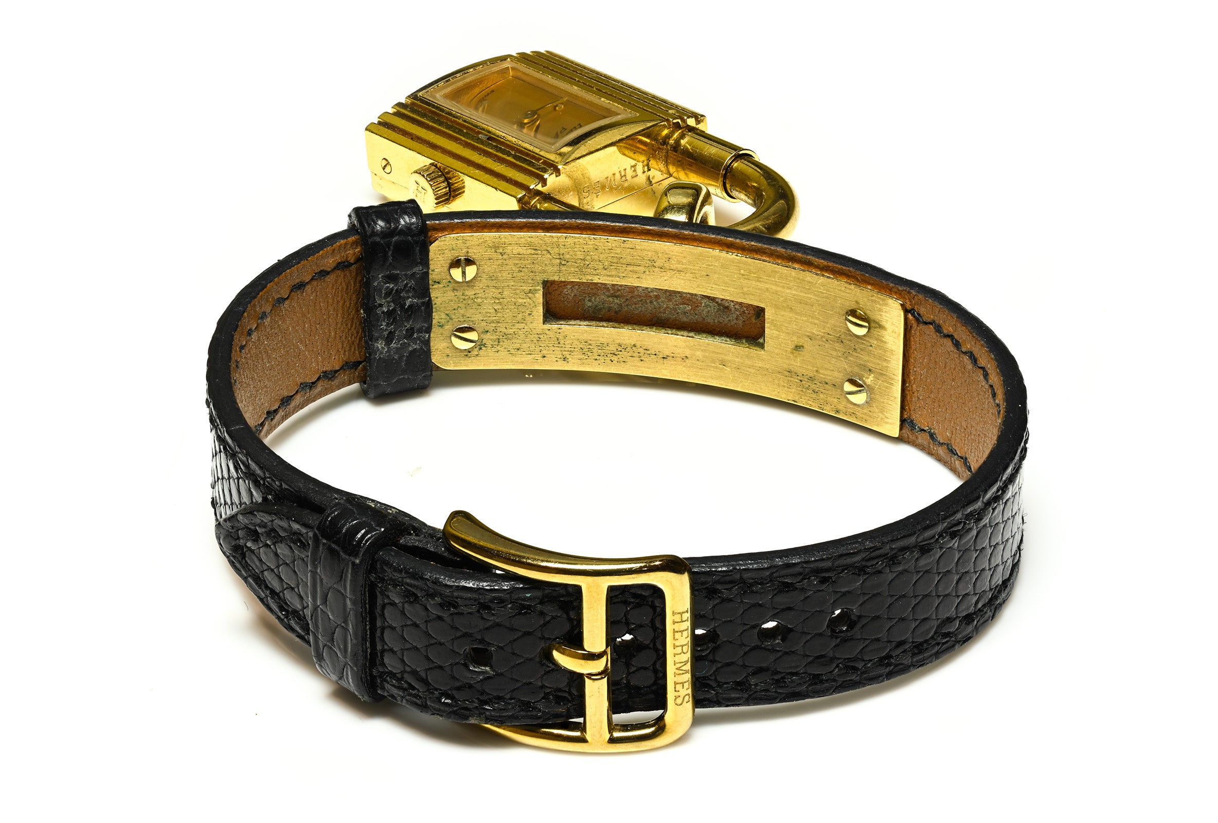 Vintage Hermès Kelly Cadena Watch Bracelet in Black Lizard