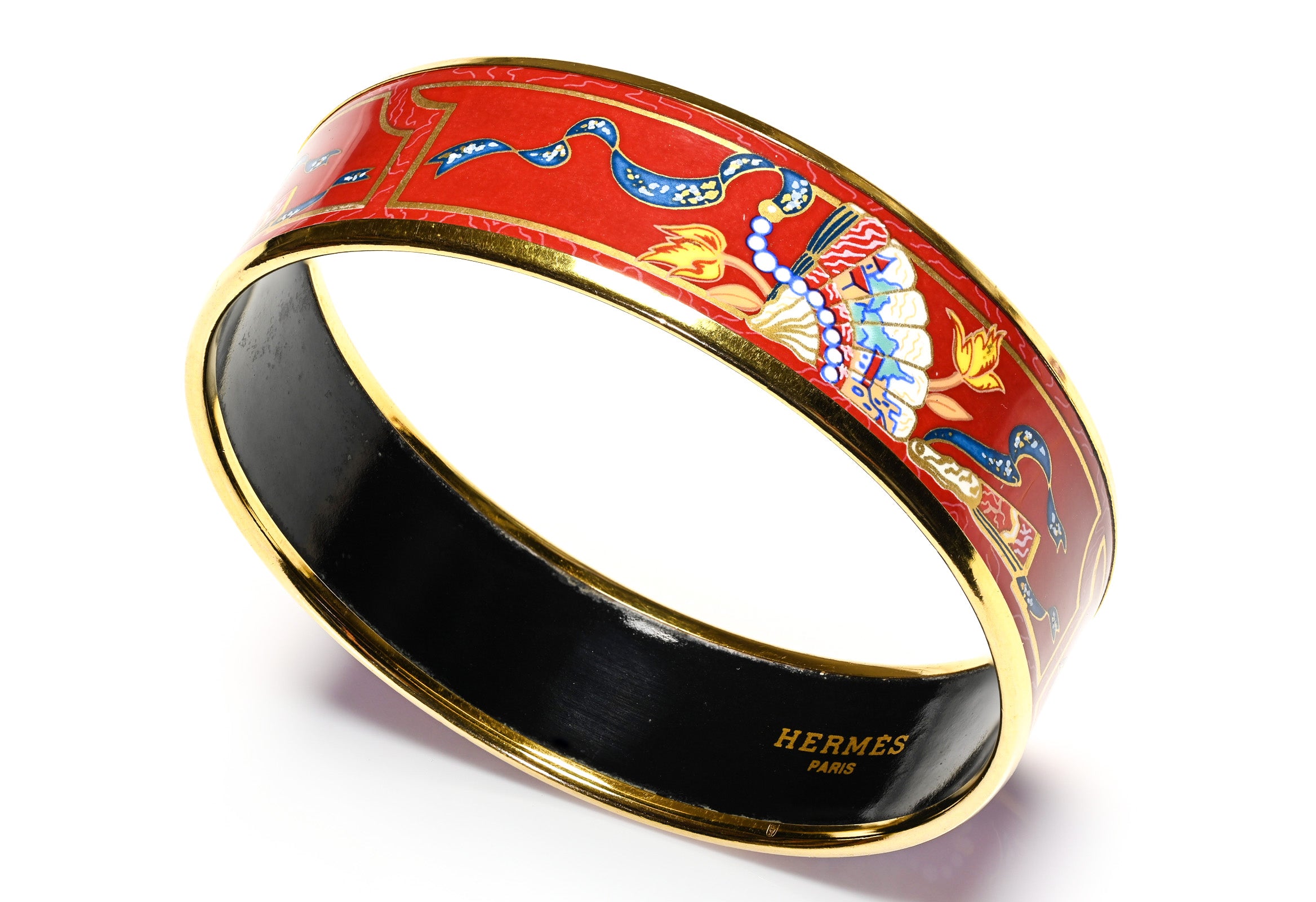 Vintage Hermes Paris Wide Red Enamel Fan Design Bangle Bracelet