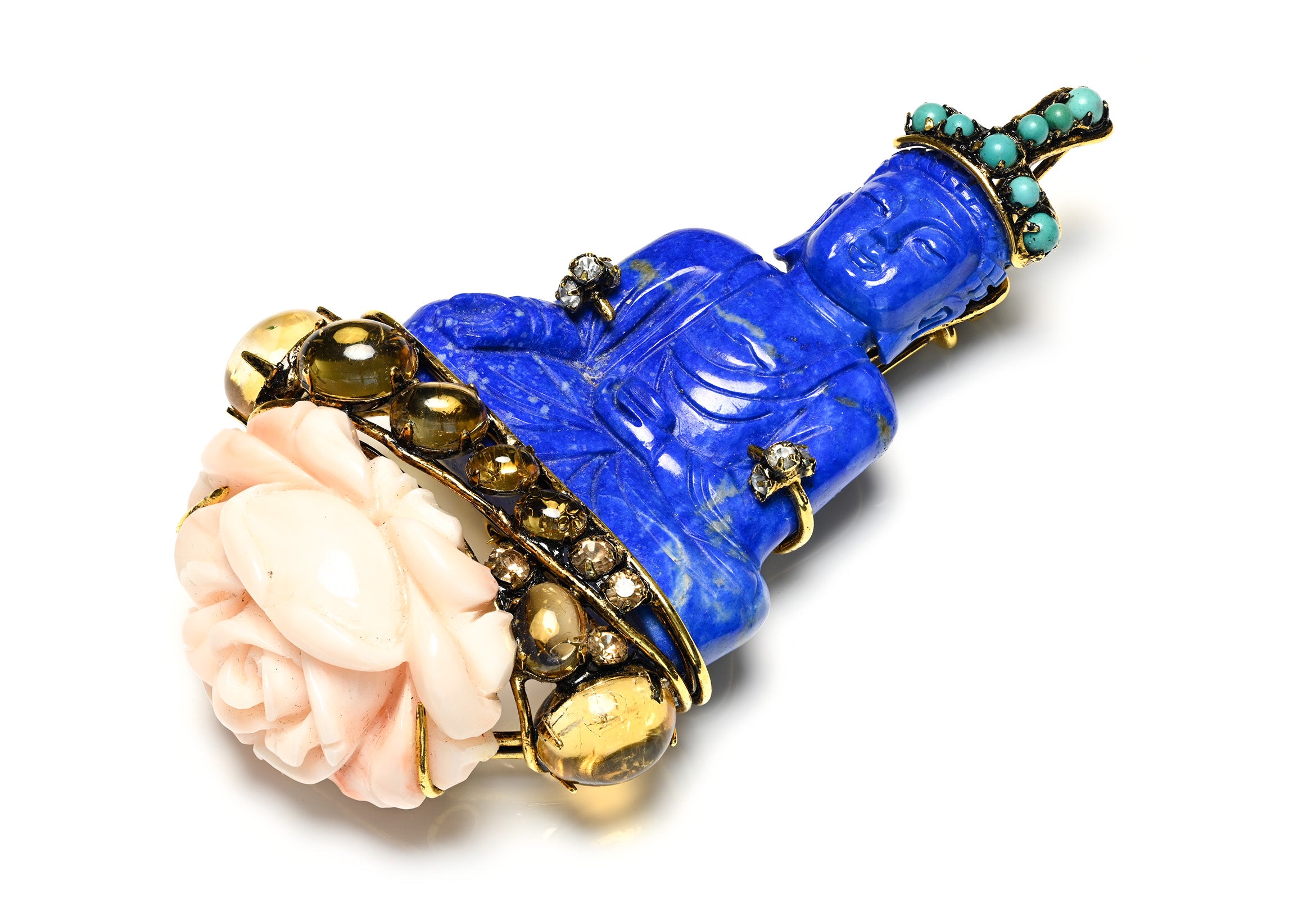 Iradj Moini Lapis Turquoise Buddha Brooch Carved Flower