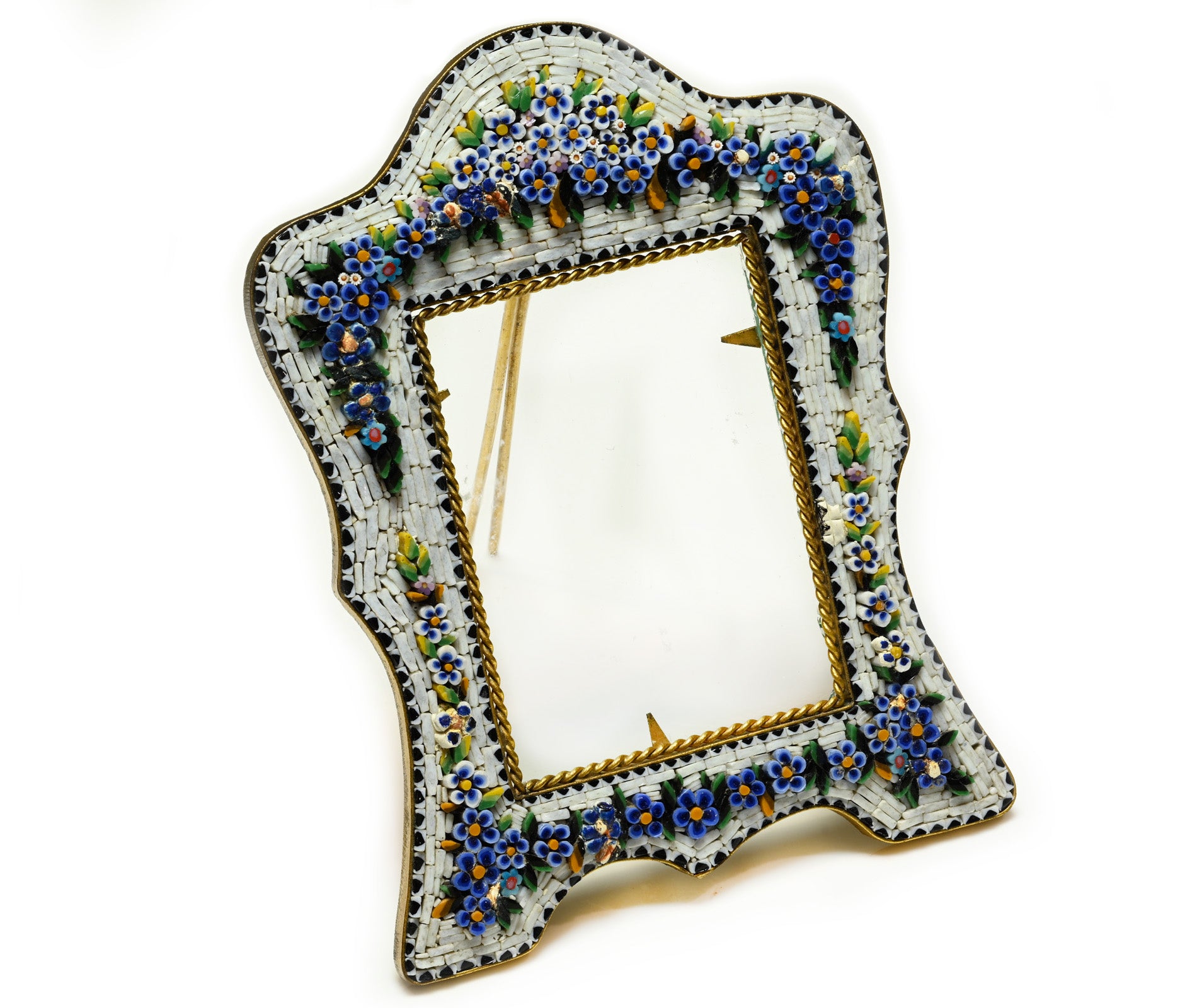 Vintage Italian Floral Micro-Mosaic Brass Picture Frame