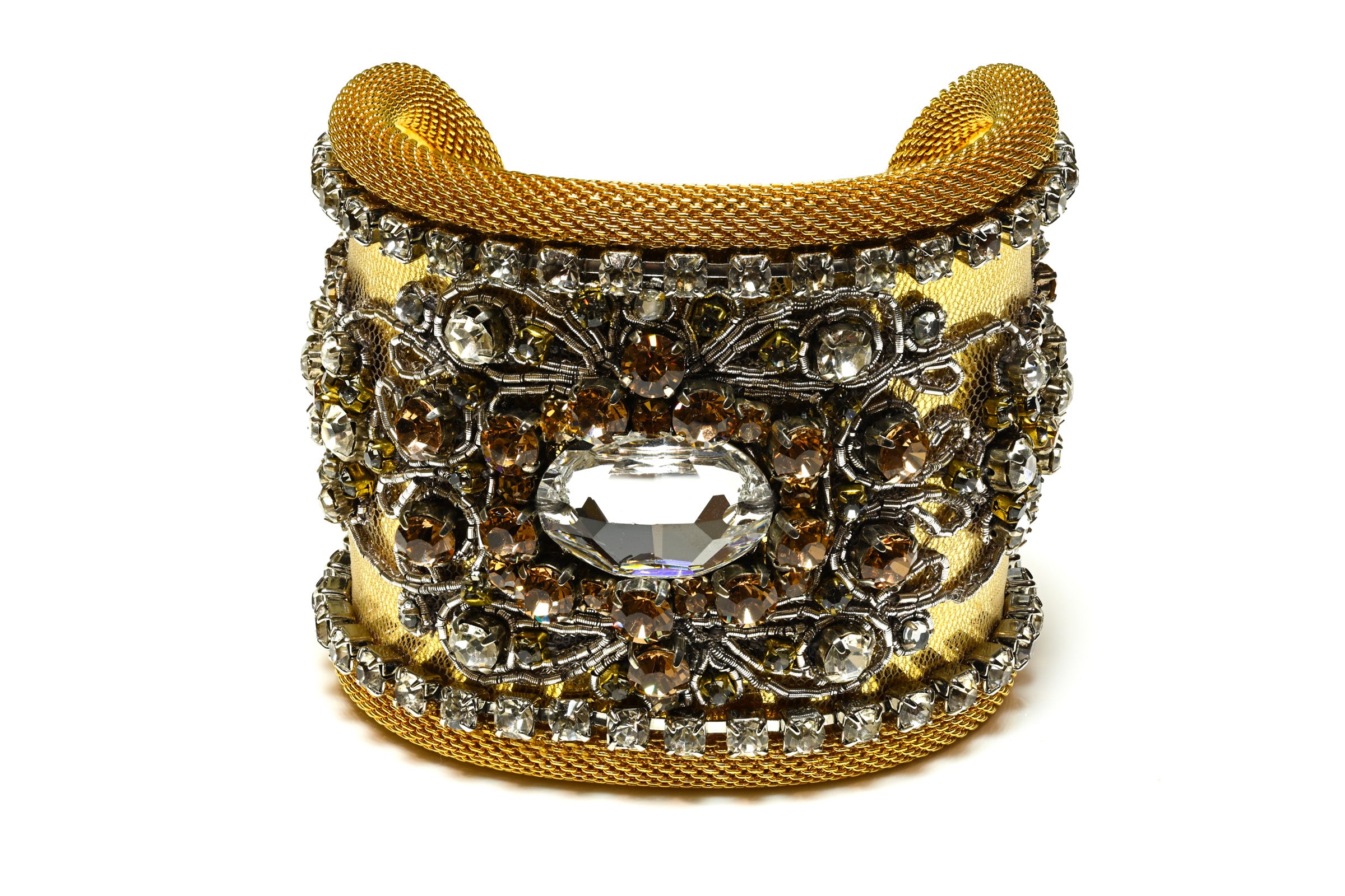 Vintage Jose & Maria Barrera Wide Metal Mesh Crystal Cuff Bracelet 1