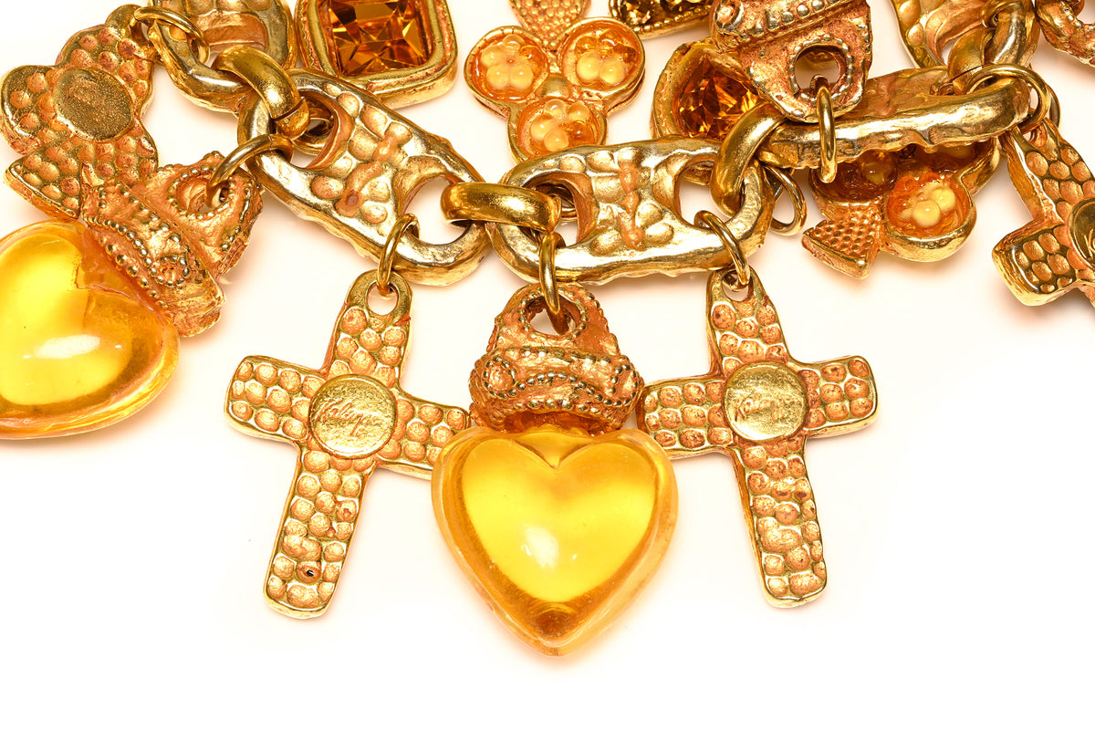 Vintage Kalinger Paris Brown Crystal Cross Heart Charm Necklace 3