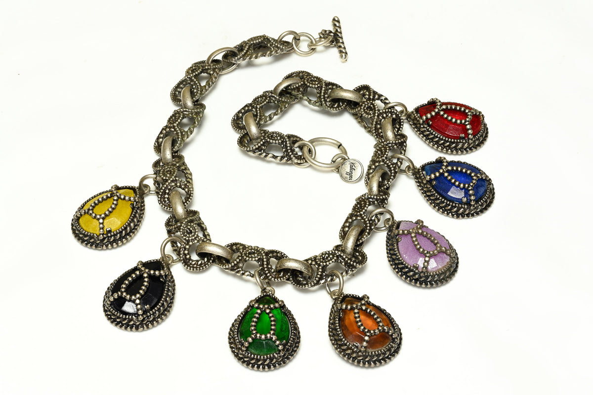 Vintage Kalinger Paris Red Yellow Blue Crystal Chain Charm Necklace 2