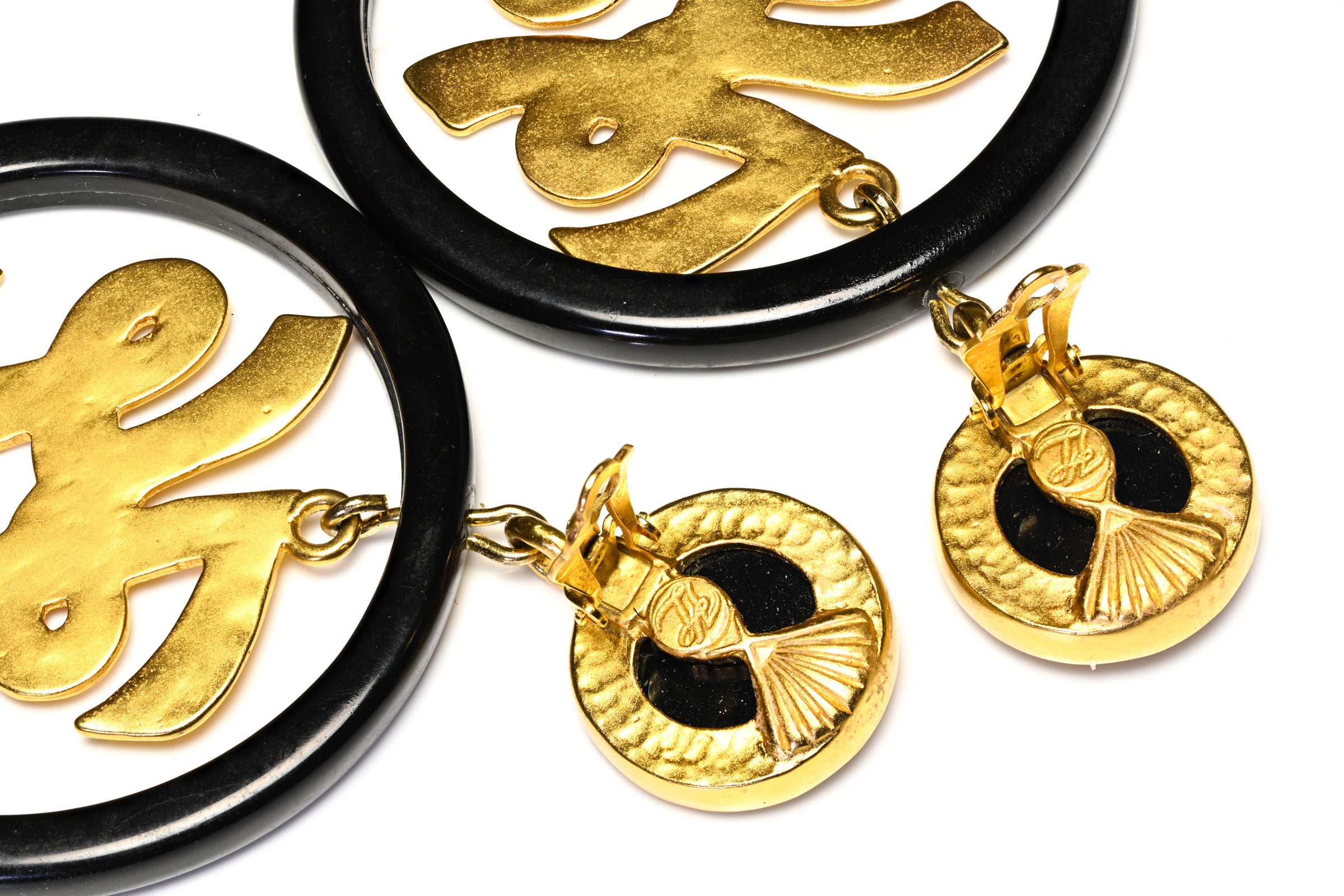 Vintage Karl Lagerfeld Black Gold Plated Logo Hoop Earrings signature