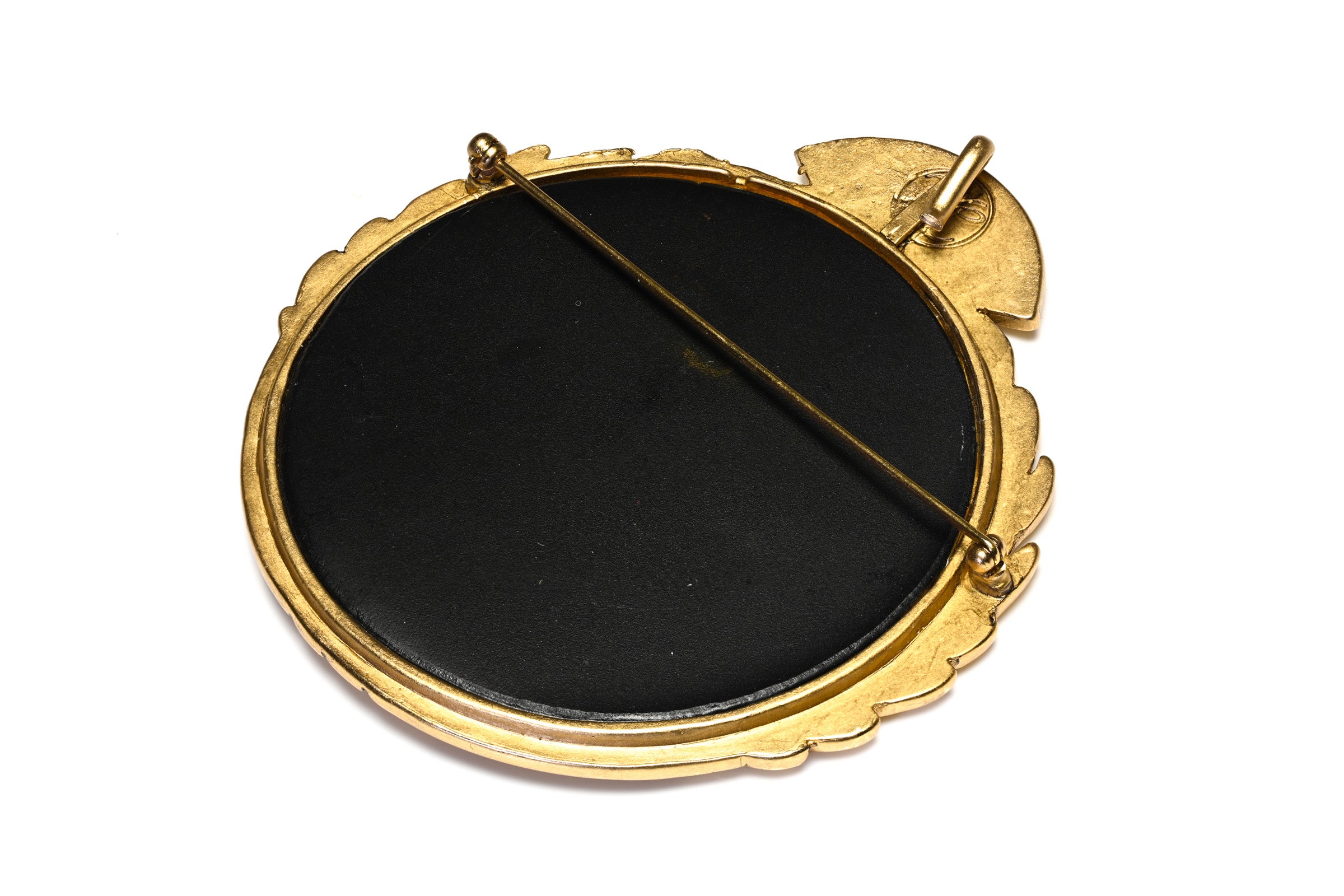 Vintage Karl Lagerfeld Black Gold Plated Logo Pendant Brooch signature