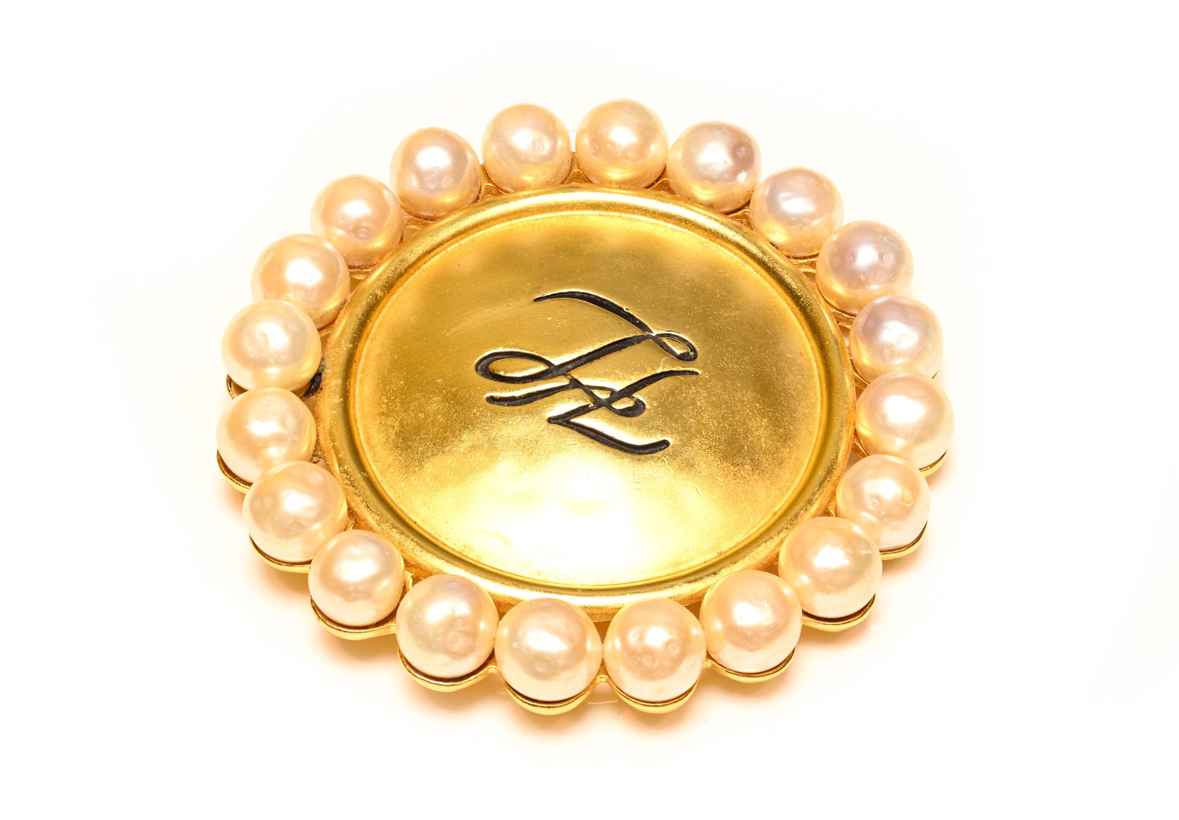 Vintage Karl Lagerfeld Large Gold Plated Logo Pearl Brooch 1