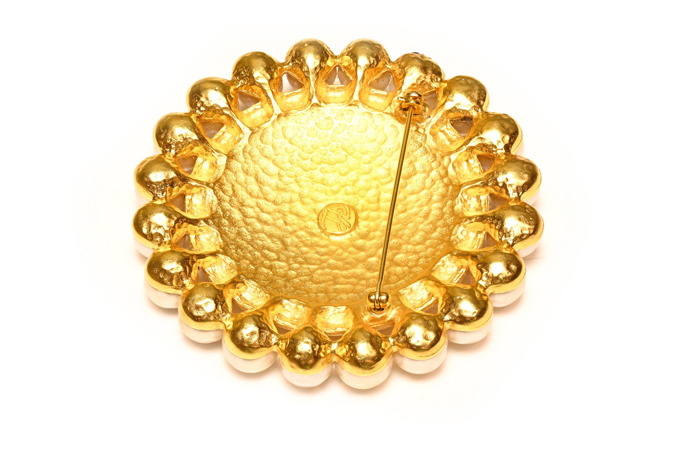 Vintage Karl Lagerfeld Large Gold Plated Logo Pearl Brooch signature