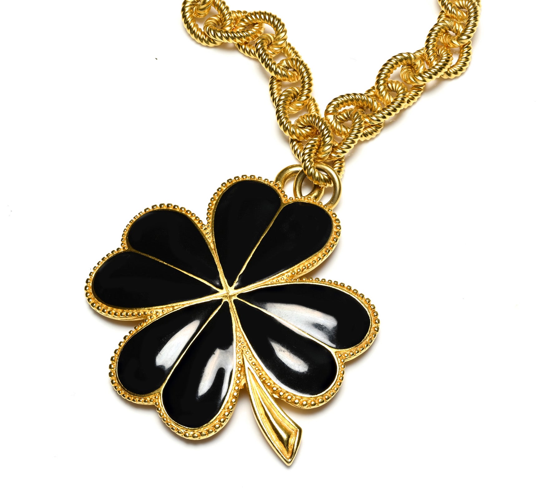 Vintage Karl Lagerfeld Paris Black Enamel Clover Pendant Necklace 1