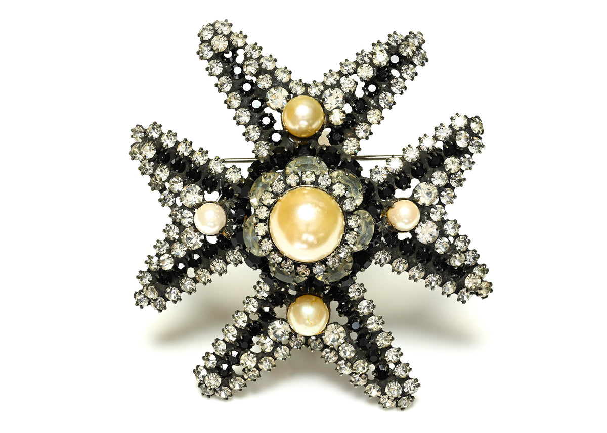 Vintage Kenneth Jay Lane Black Crystal Pearl Maltese Cross Brooch