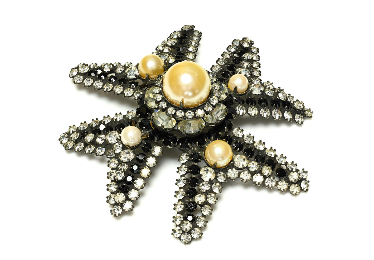Vintage Kenneth Jay Lane Black Crystal Pearl Maltese Cross Brooch 1