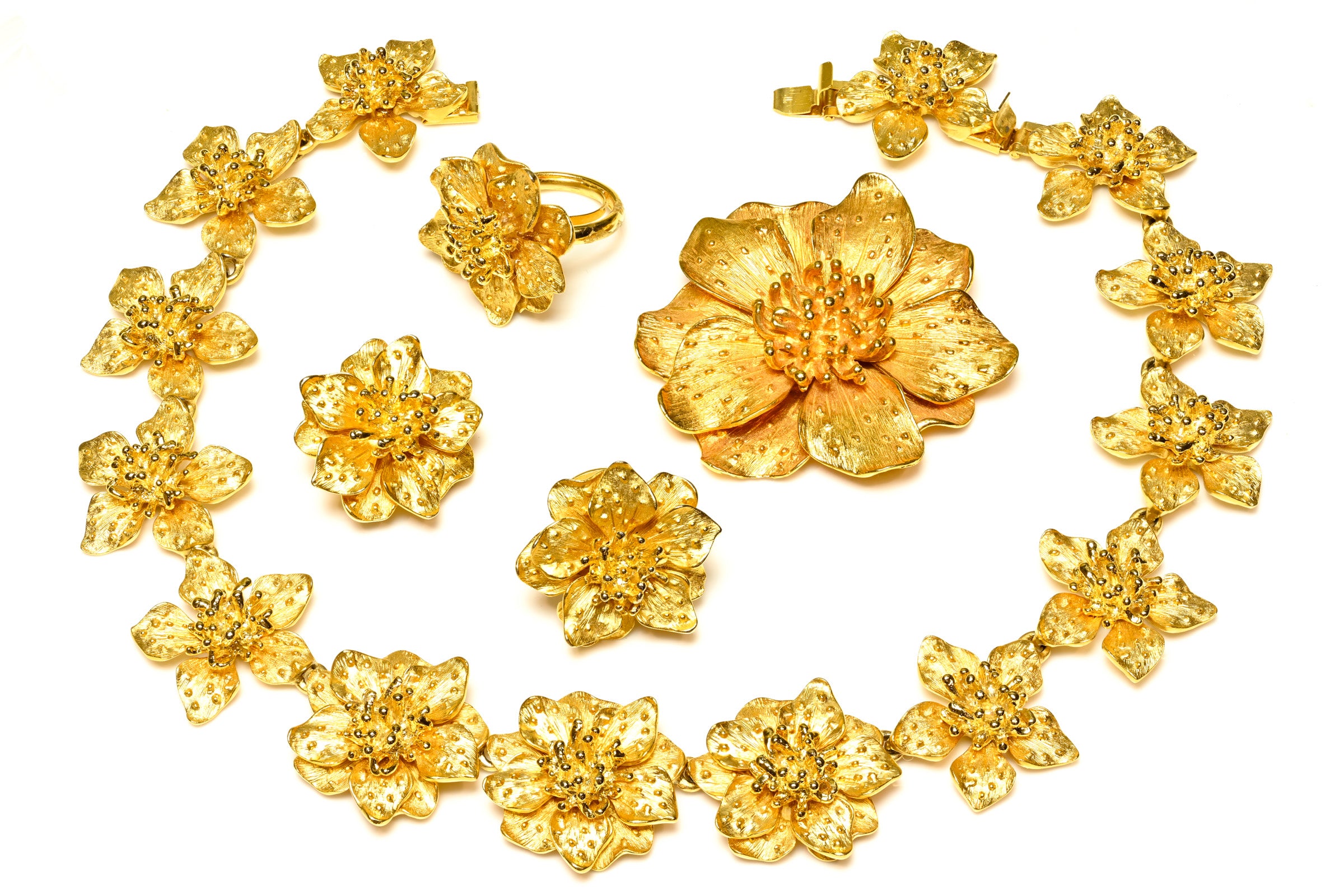 Vintage Kenneth Jay Lane Dogwood Necklace Brooch Earrings Ring Parure Set