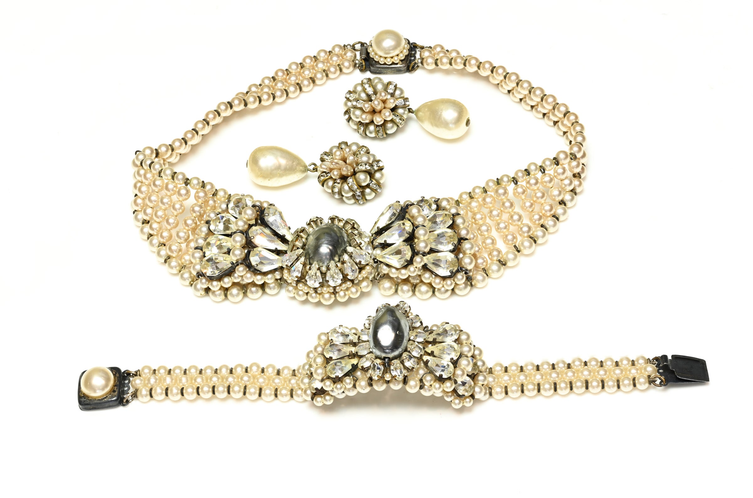 Vintage Louis Rousselet Paris 1950's Pearl Necklace Bracelet Earrings Set