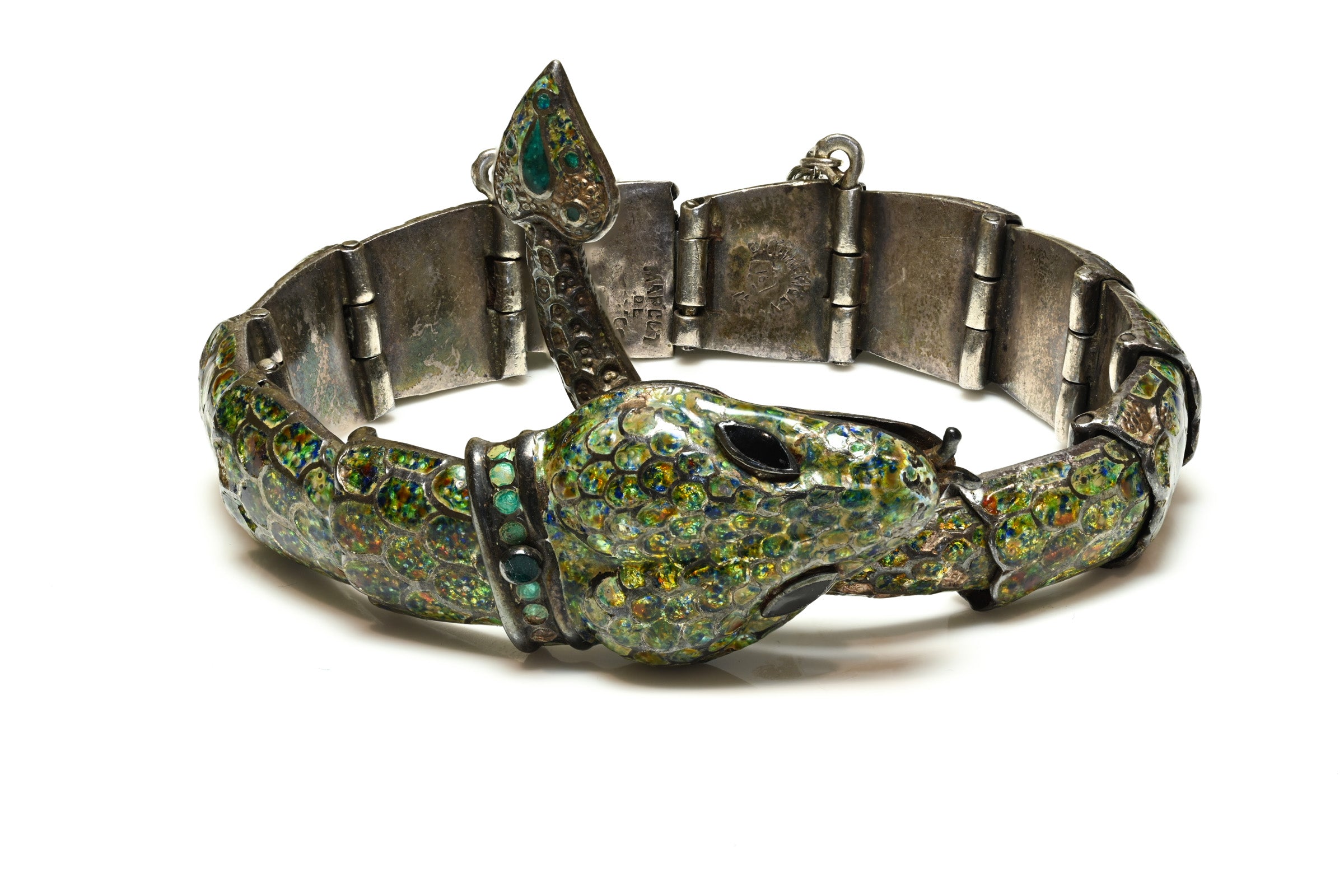 Vintage Margot de Taxco Sterling Green Enamel Snake Bracelet 1