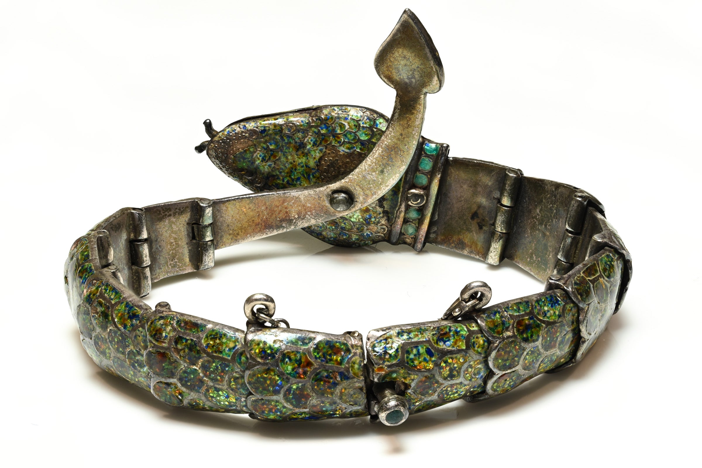 Vintage Margot de Taxco Sterling Green Enamel Snake Bracelet 2
