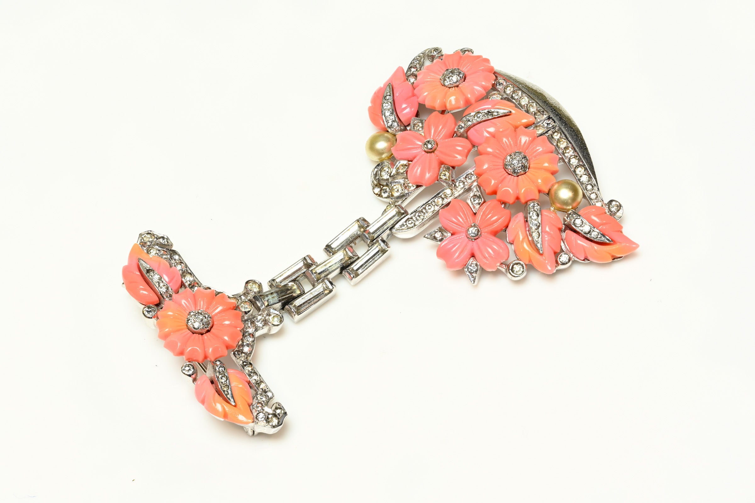 Vintage Mazer Orange Flower Crystal Tutti Frutti Basket Brooch 1