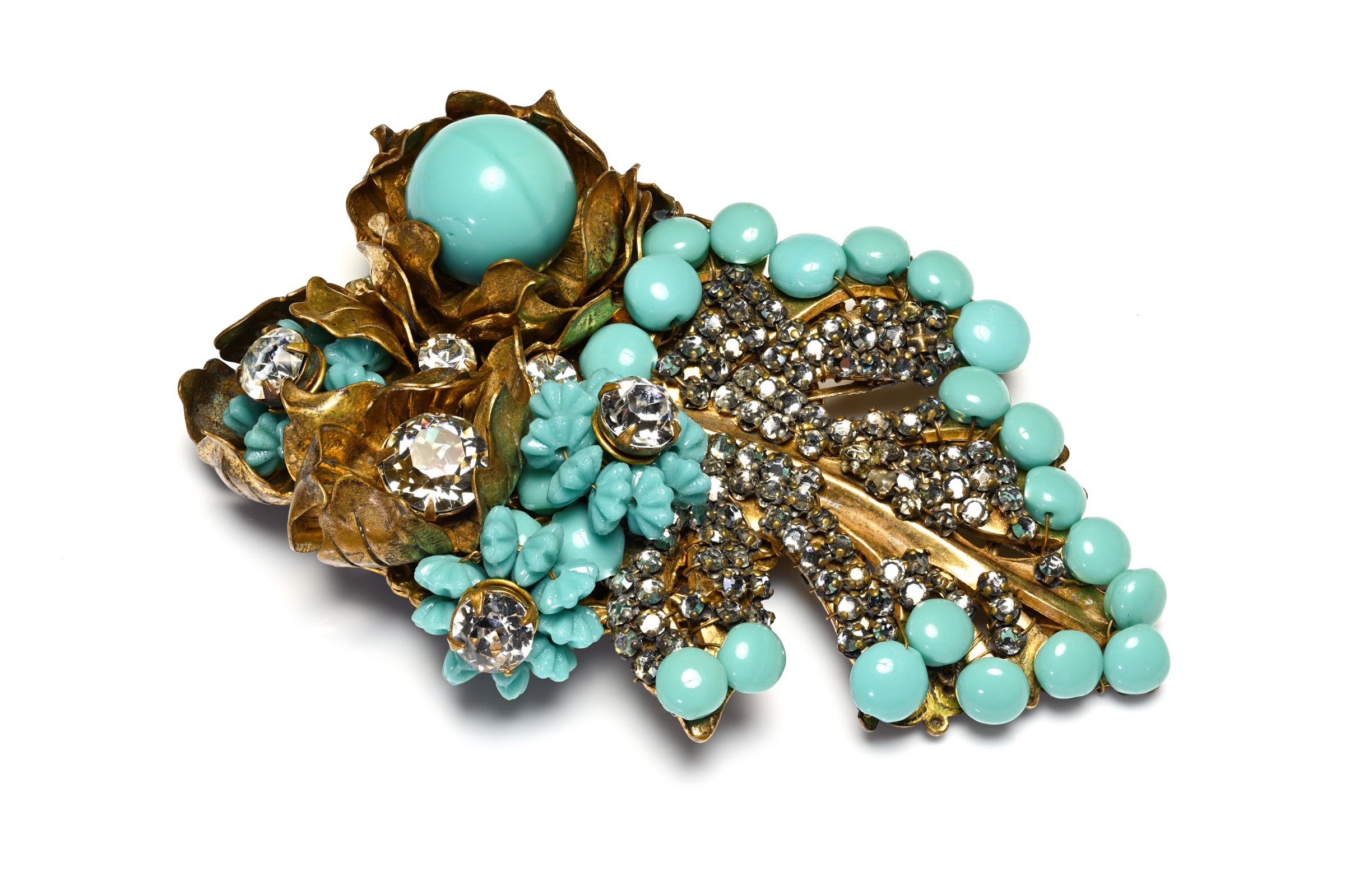Vintage Miriam Haskell Turquoise Glass Beads Filigree Flower Brooch 3