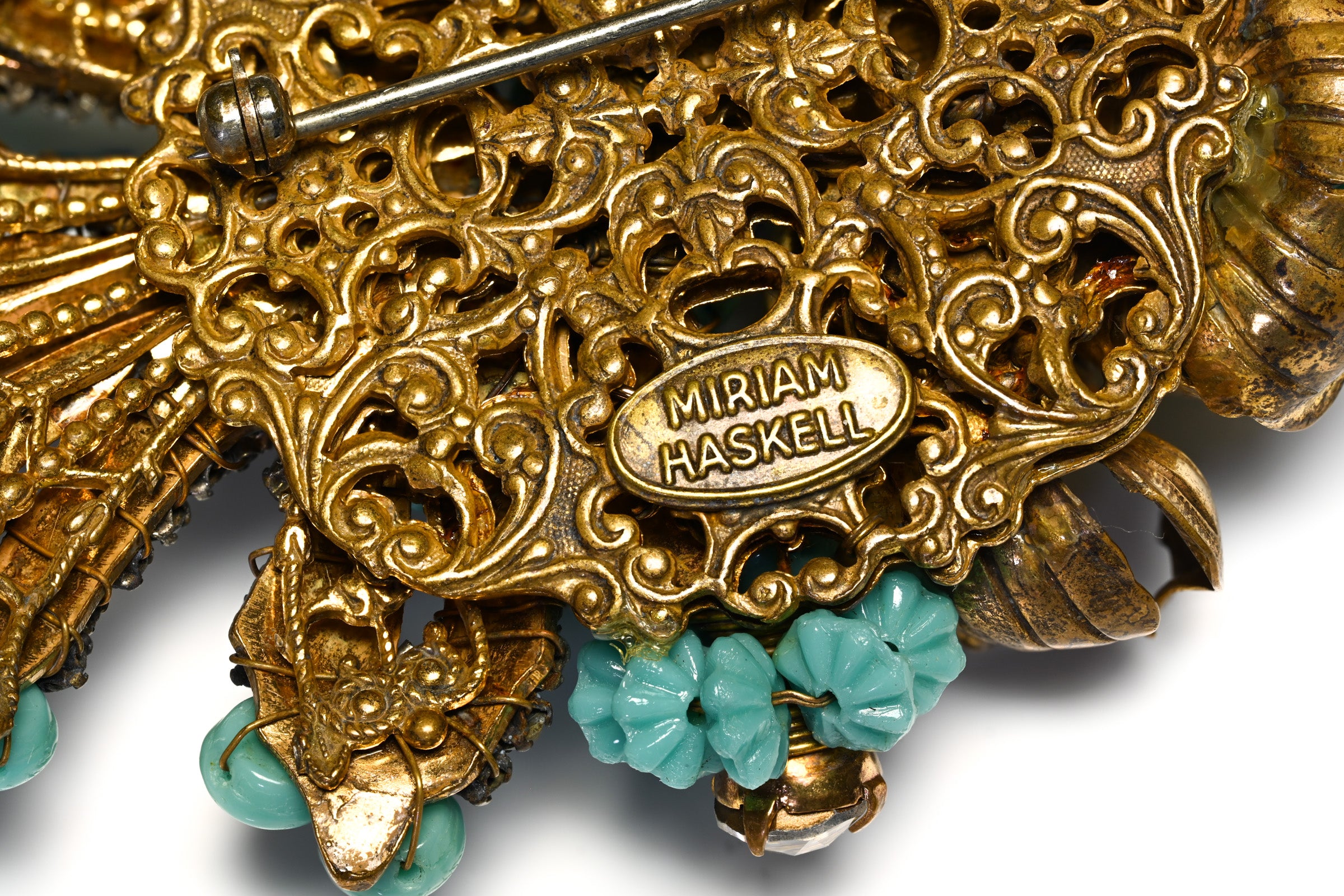 Vintage Miriam Haskell Turquoise Glass Beads Filigree Flower Brooch signature