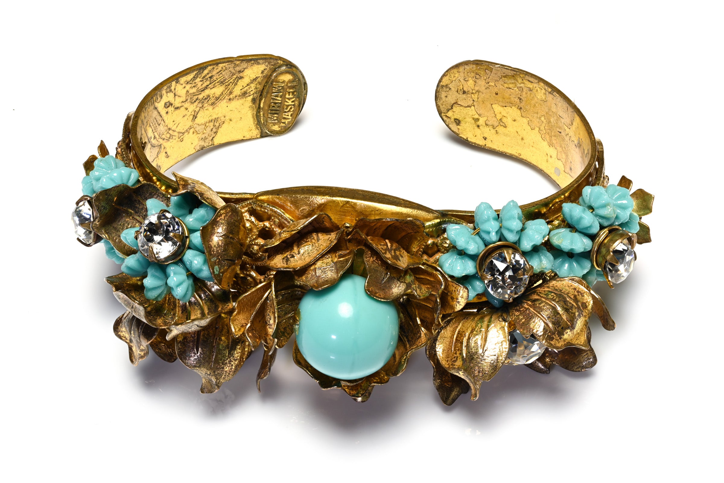 Vintage Miriam Haskell Turquoise Glass Beads Flower Cuff Bracelet signature