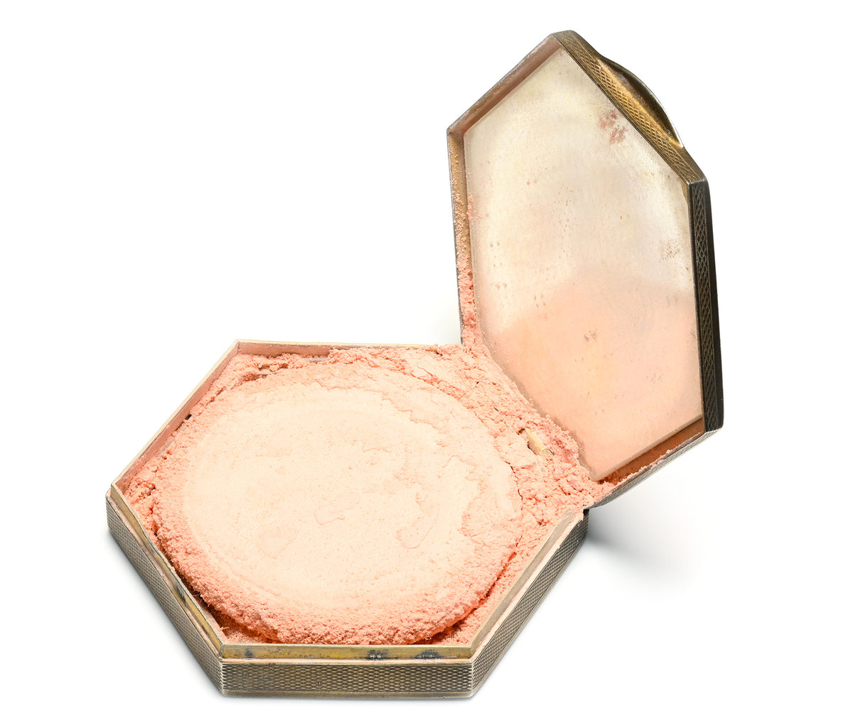 Vintage Painted Silver Hexagonal Powder Compact with Mirror