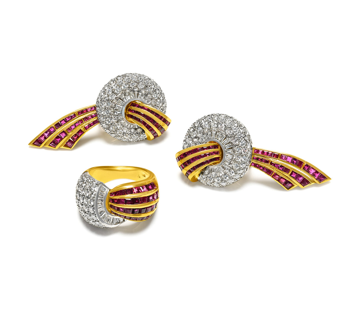Vintage Ruby Diamond 18K Gold Ring and Earrings Suite