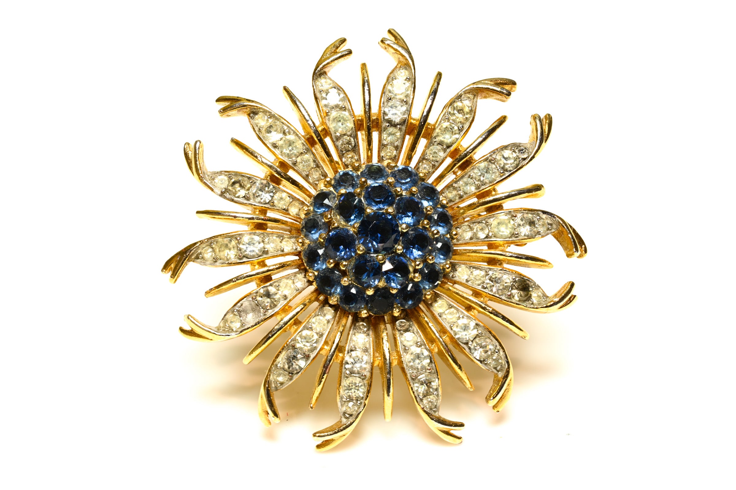 Vintage Trifari Alfred Philippe Blue Crystal Crysanthemum Flower Brooch