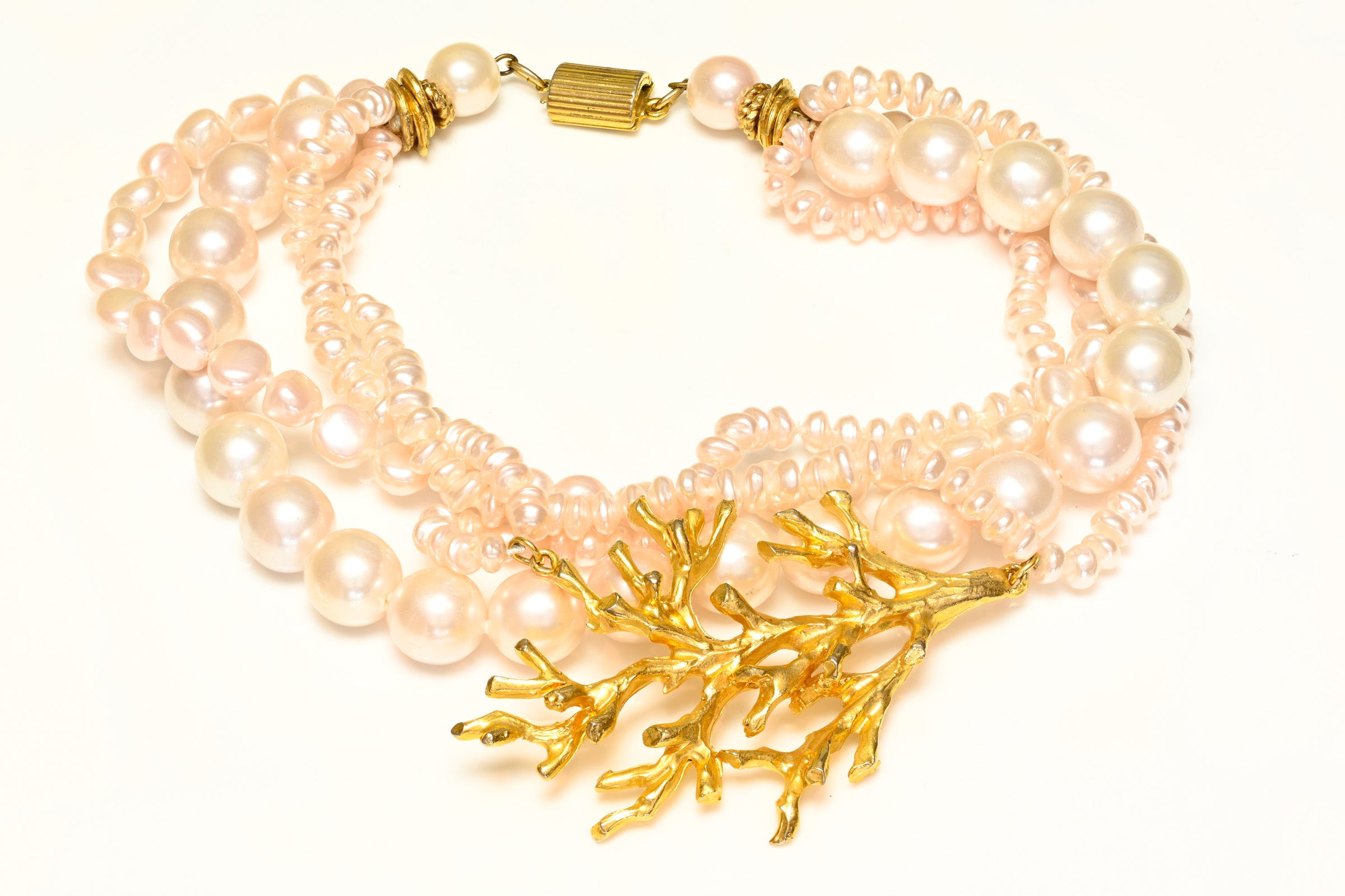 Vintage Ugo Correani Pink Pearls Gold Plated Branch Collar Necklace
