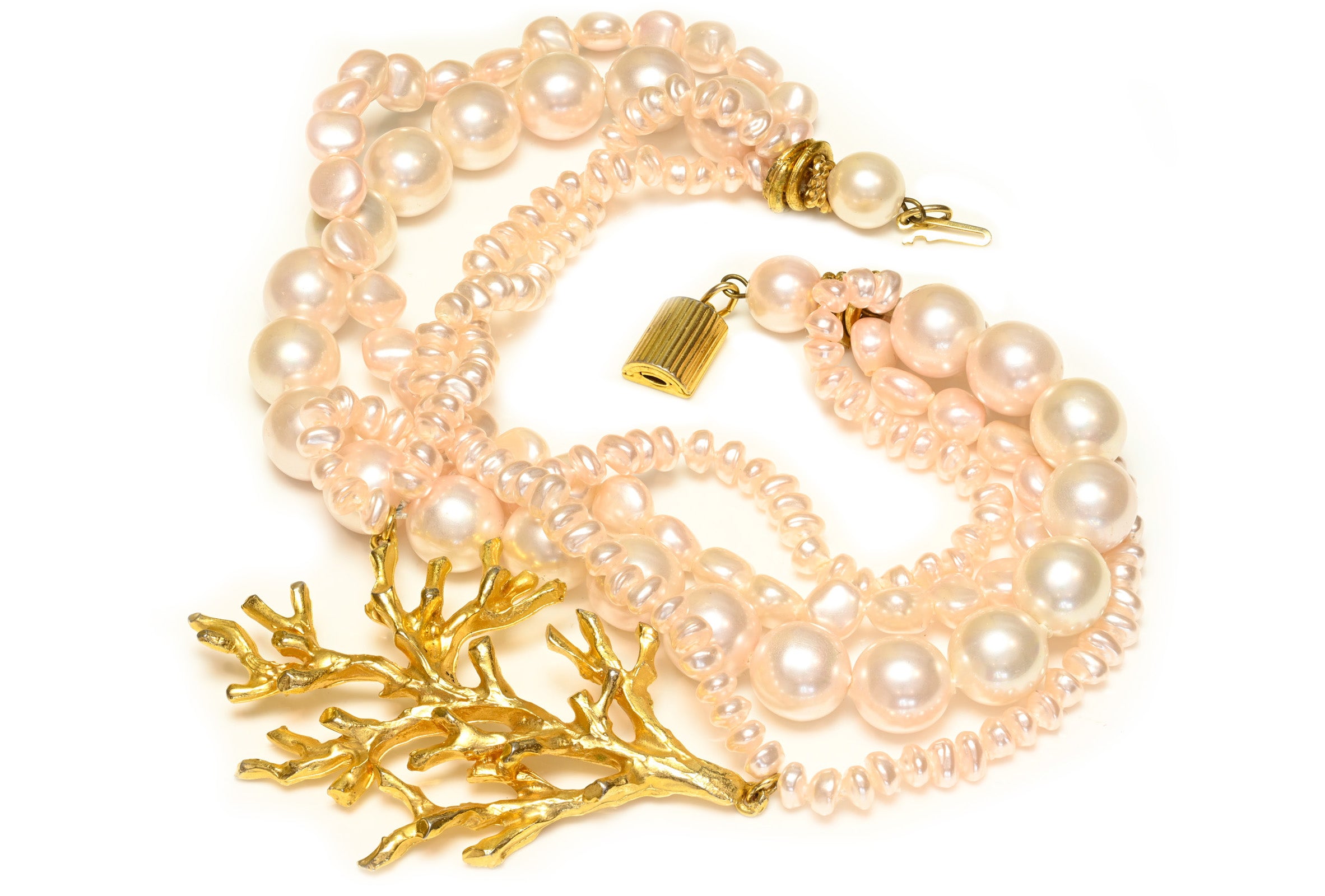 Ugo Correani Pink Pearls Gold Plated Branch Collar Necklace