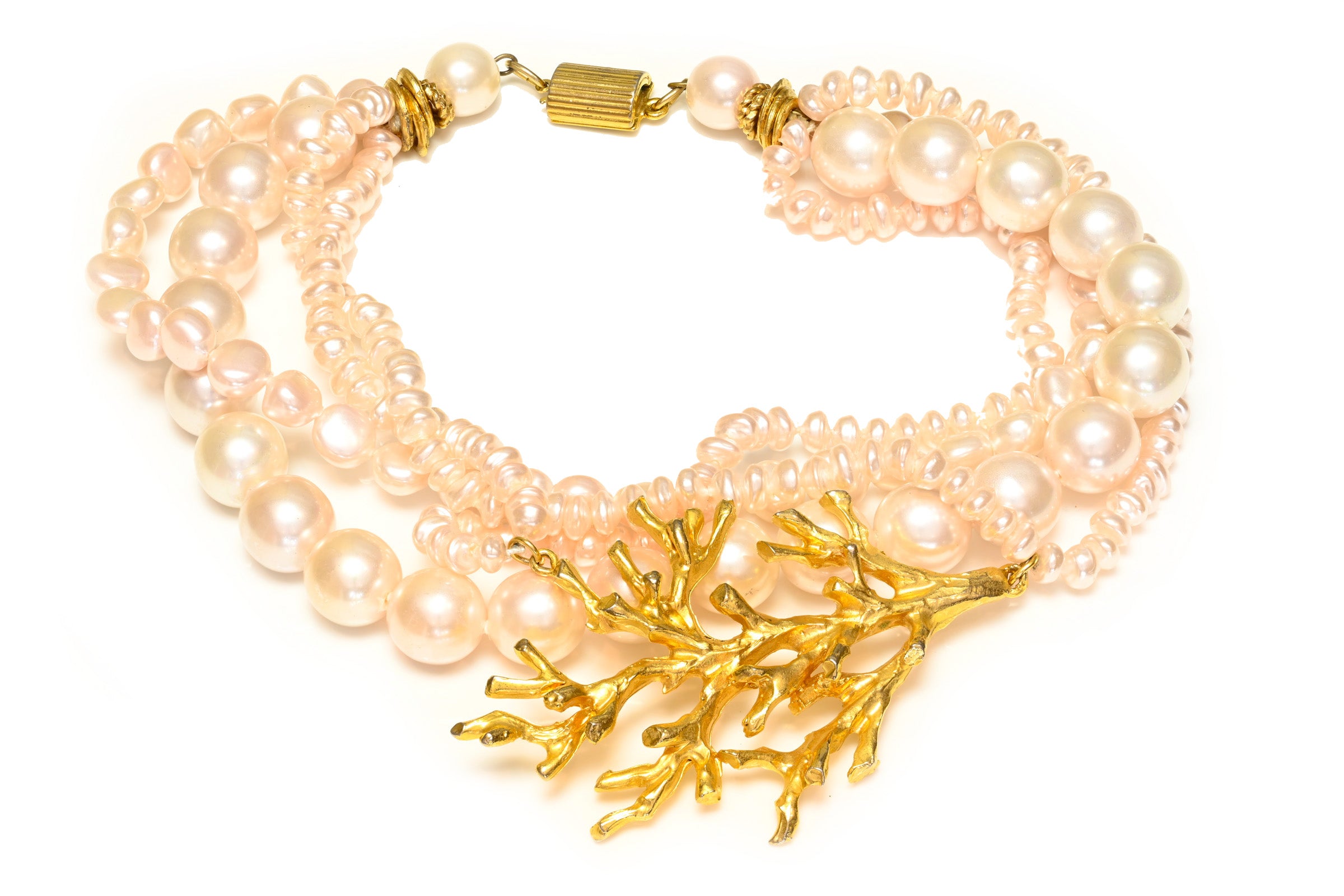 Vintage Ugo Correani Pink Pearls Gold Plated Branch Collar Necklace