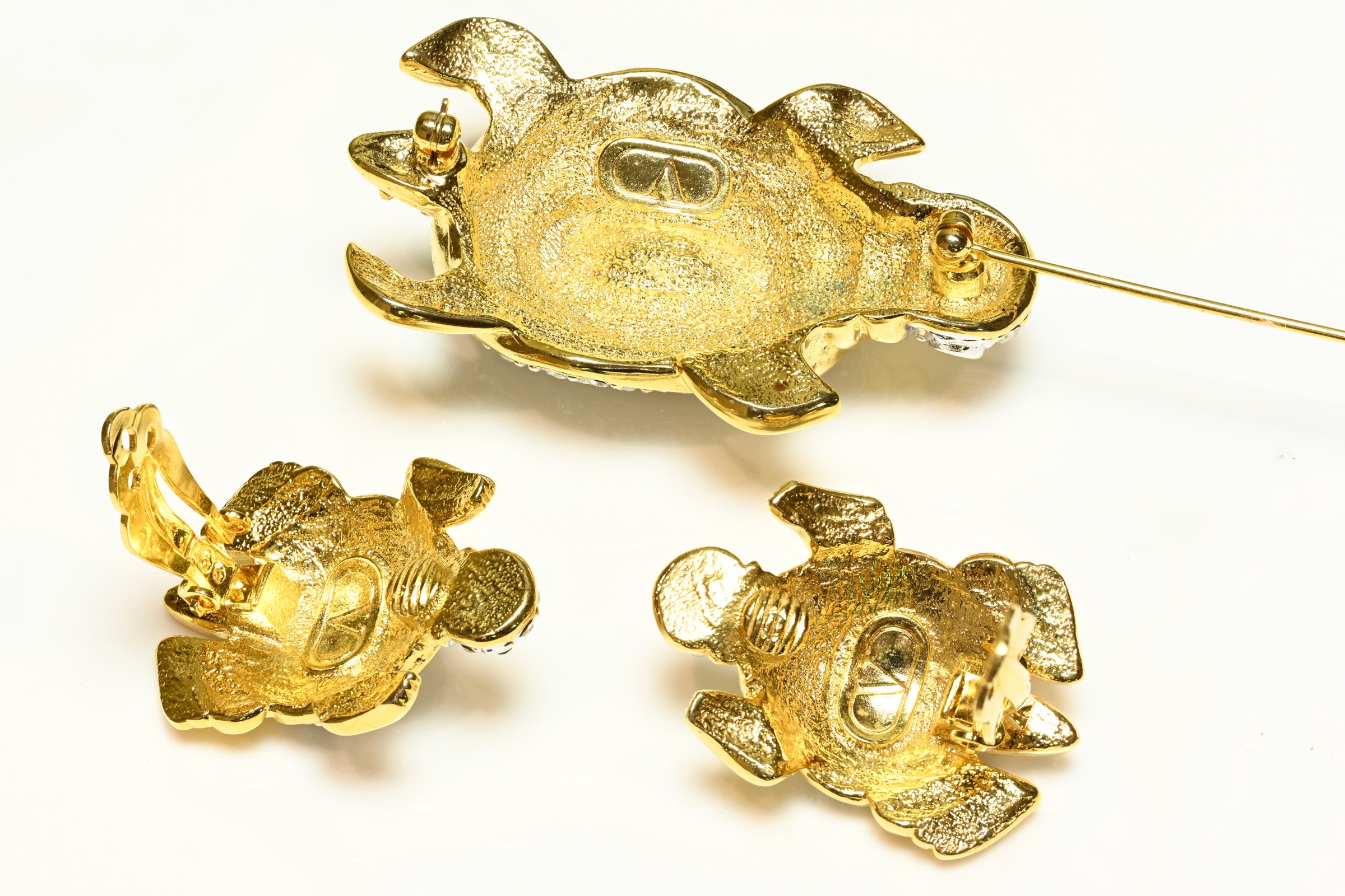 Vintage Valentino Garavani Crystal Turtle Earrings Brooch Set 4