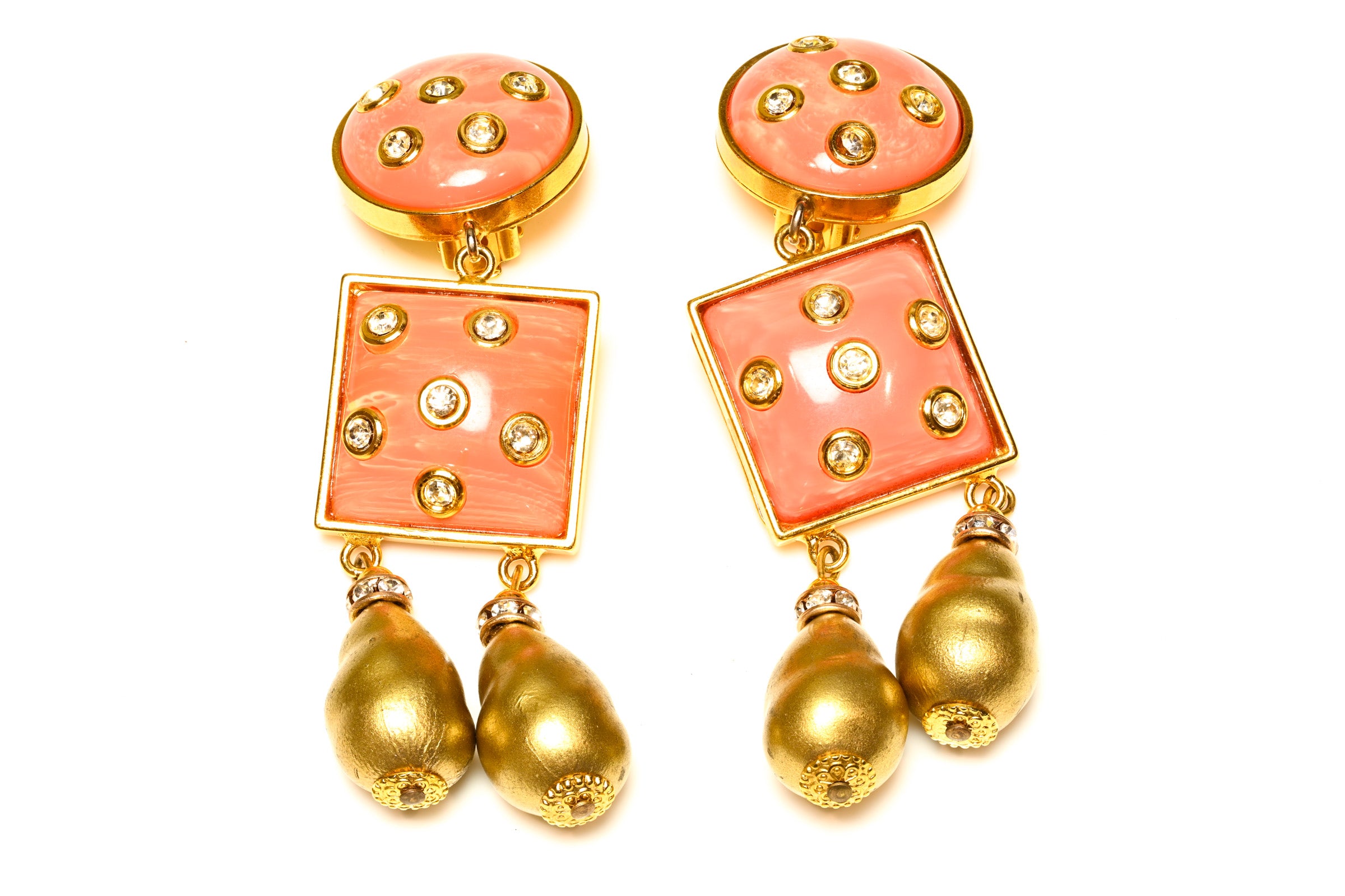 Vintage Valentino Garavani Orange Resin Gold Pearl Long Earrings 1