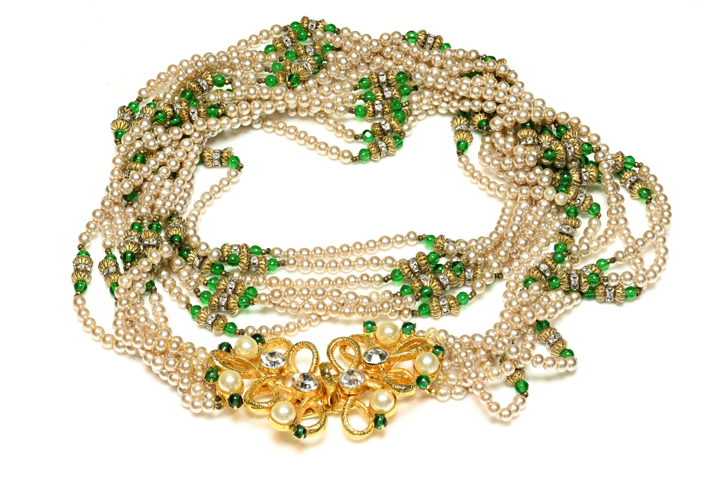 Vintage William DeLillo Couture Green Glass Beads Pearl Necklace