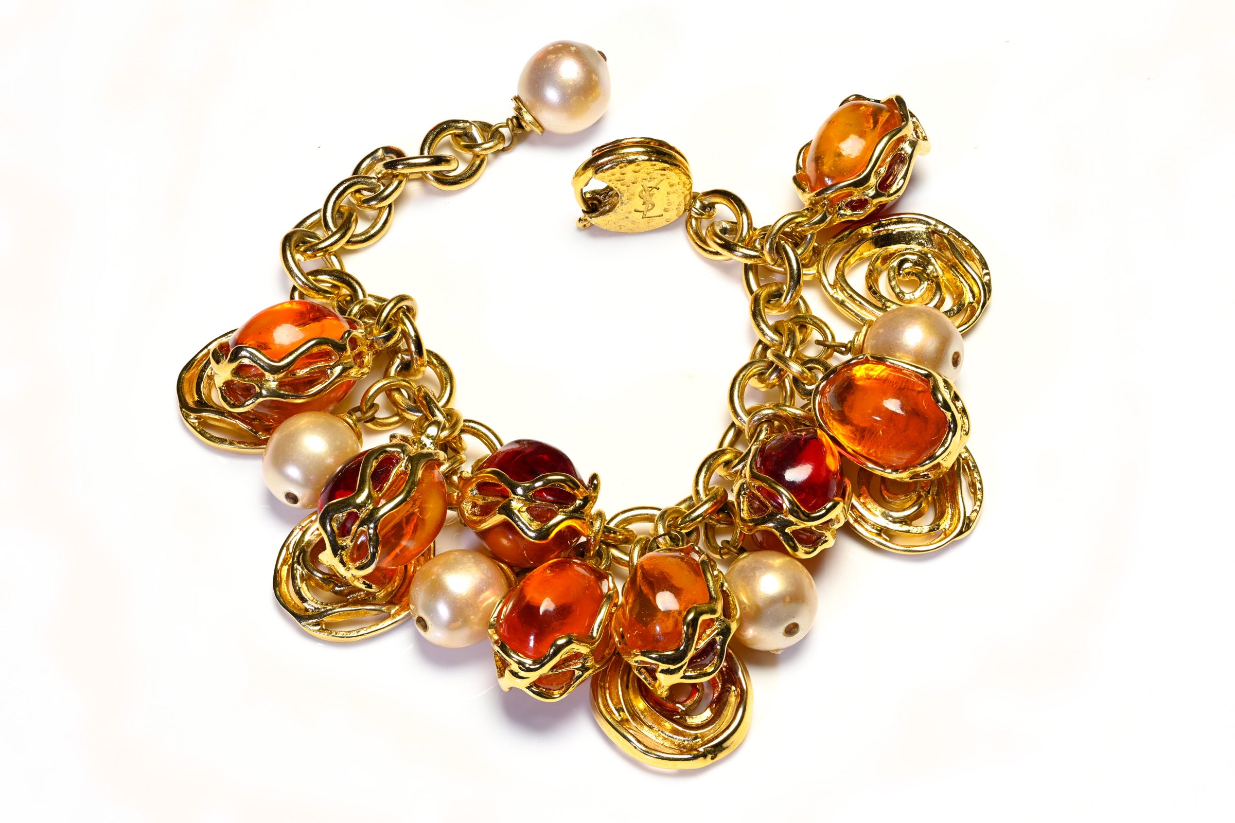 Vintage Yves Saint Laurent Goossens Orange Pink Resin Drops Pearl Bracelet Set