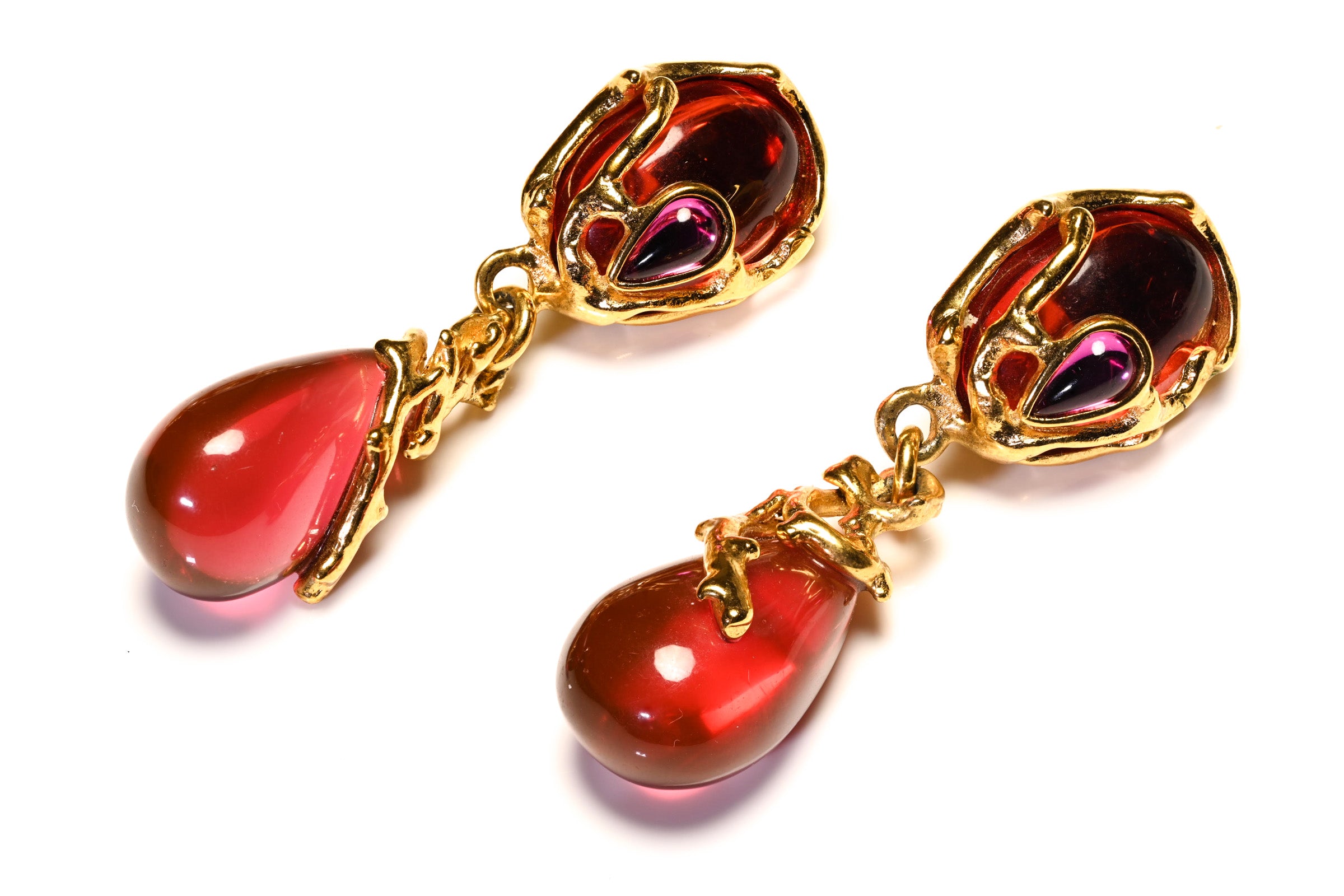 Vintage Yves Saint Laurent Goossens Orange Pink Resin Drops Pearl Earrings Set